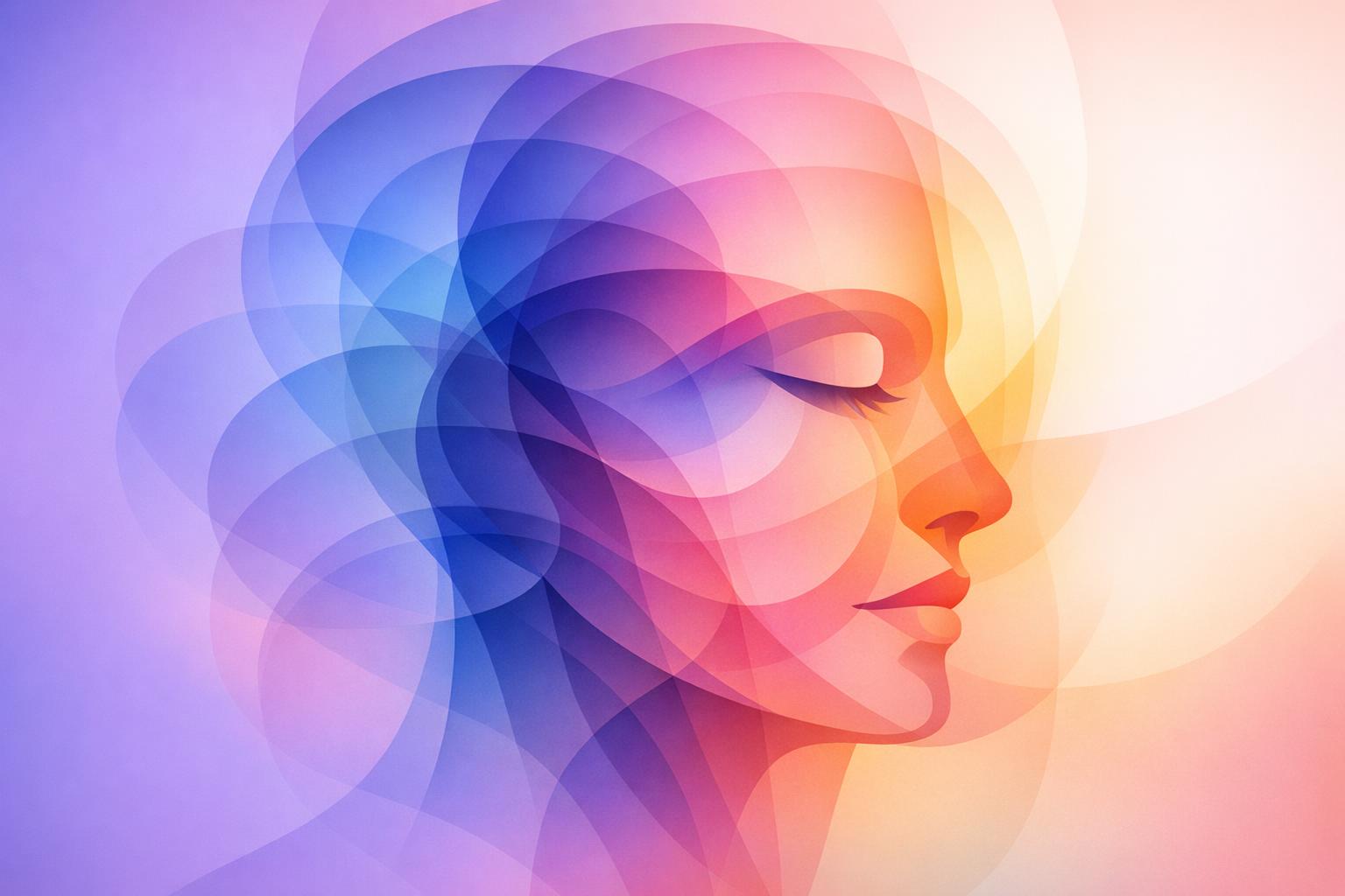 Geometric abstract shapes merging and flowing to represent inner thoughts influencing facial features  
