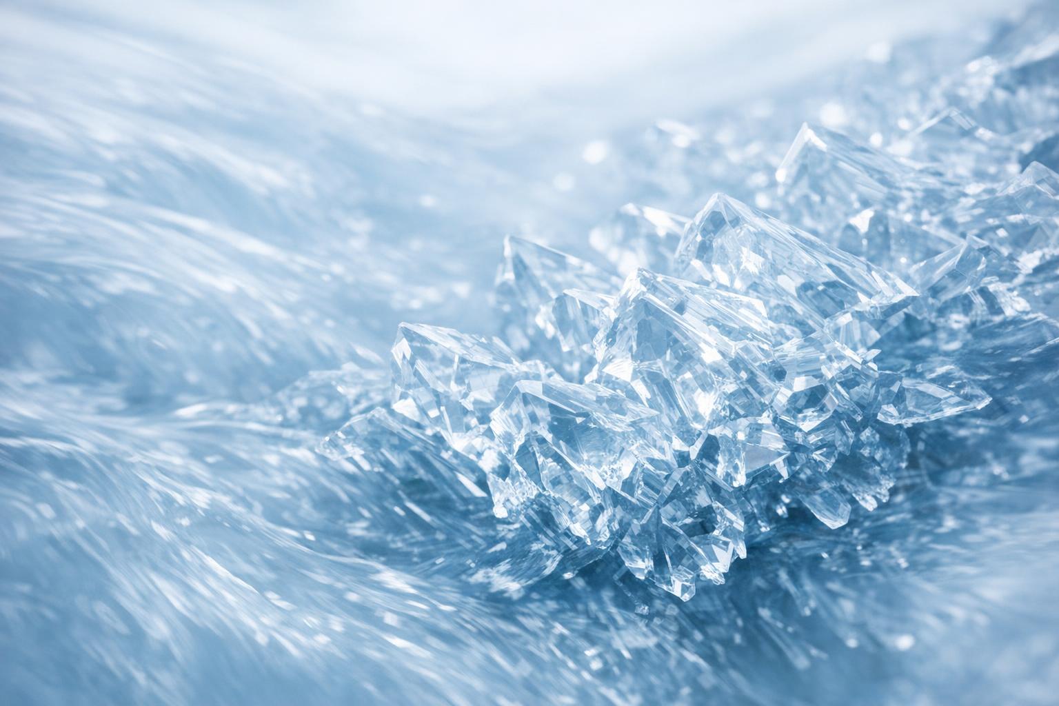 Close-up abstract image of ice crystals forming from flowing water, symbolizing the transformation of fluid thought into solid structure