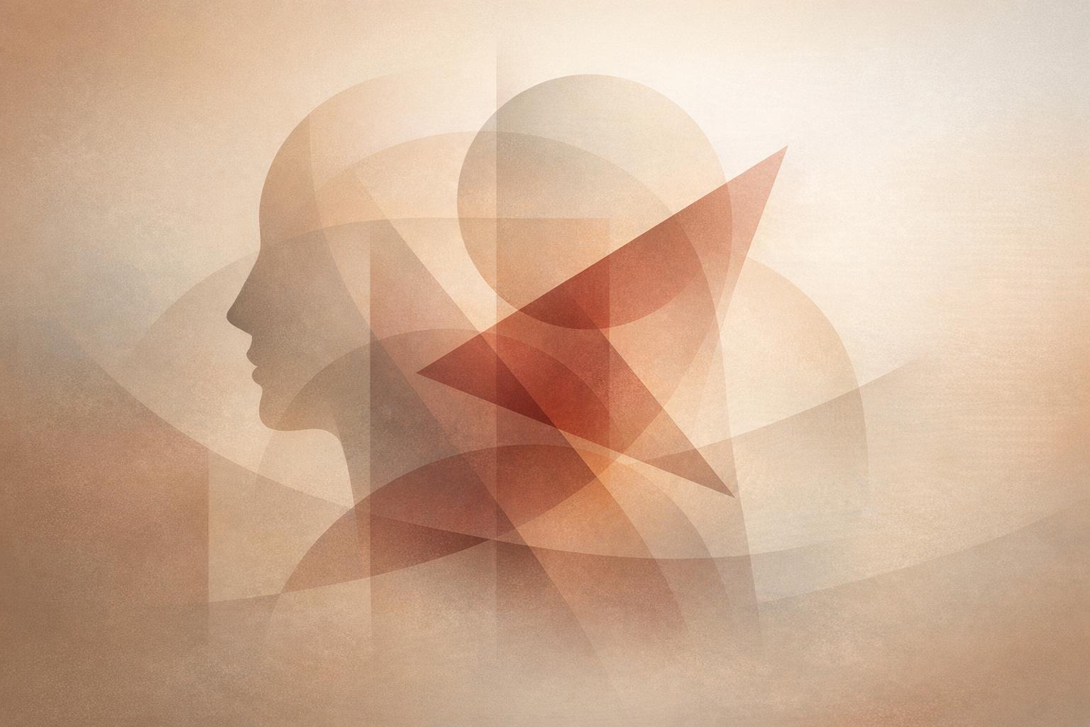 An abstract composition of layered translucent geometric shapes blending in earthy and muted red tones, symbolizing the integration of identity, passion, and vision toward personal evolution.