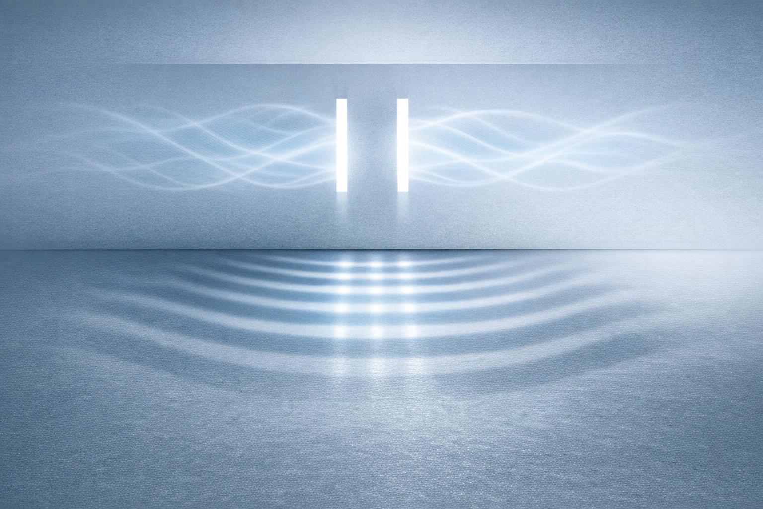 Abstract visualization of the double-slit experiment showing wave interference patterns created by energy waves passing through two slits