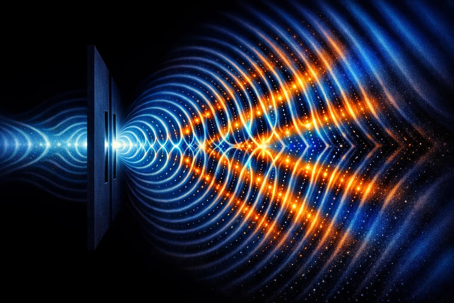 Symbolic image illustrating how observation changes quantum behavior from wave interference to particle-like patterns at slits