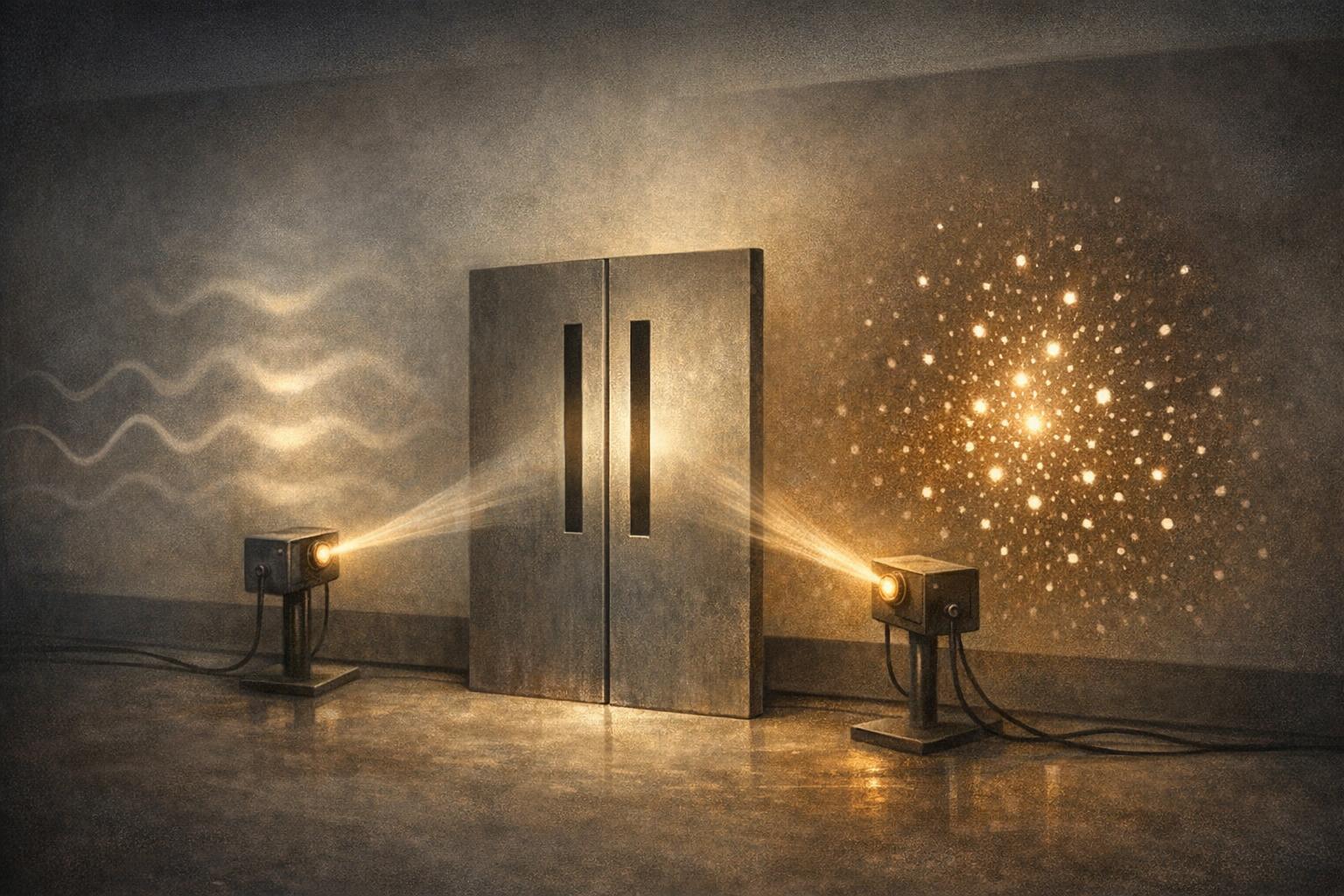 Abstract illustration of consciousness collapsing quantum possibilities into definite reality, symbolizing the co-creation of observer and observed