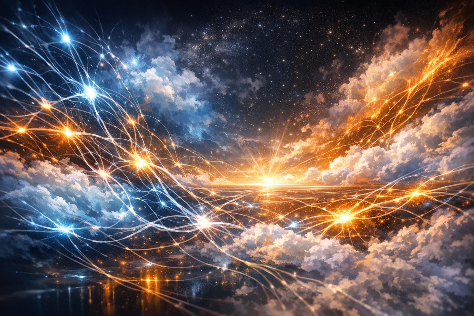 Abstract glowing neural network blending into shifting luminous clouds symbolizing the fluid, dynamic power of human thought shaping the future.