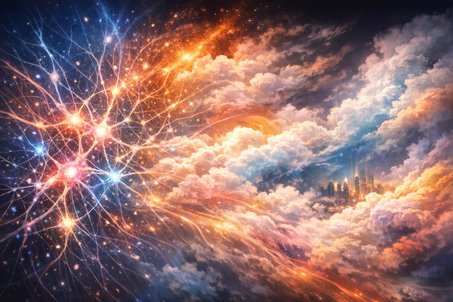 Serene cosmic landscape of softly illuminated planets linked by fine light threads, symbolizing the universal intelligence guiding spiritual and material rhythms.