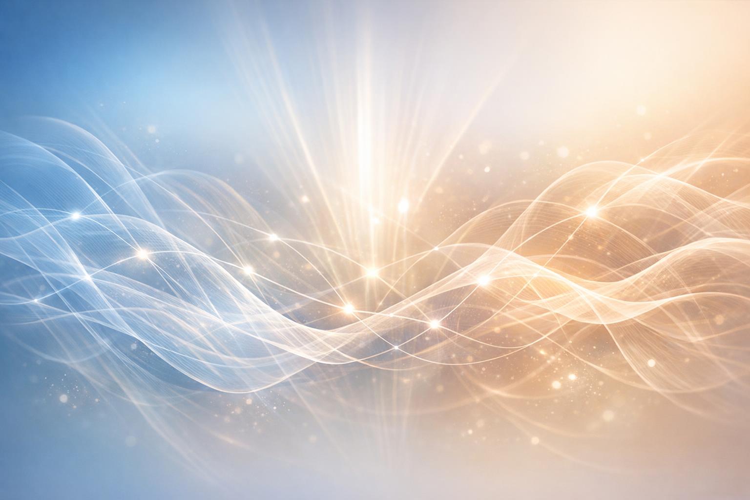 Abstract depiction of interconnected light waves and soft beams symbolizing mental influence and spiritual connection.
