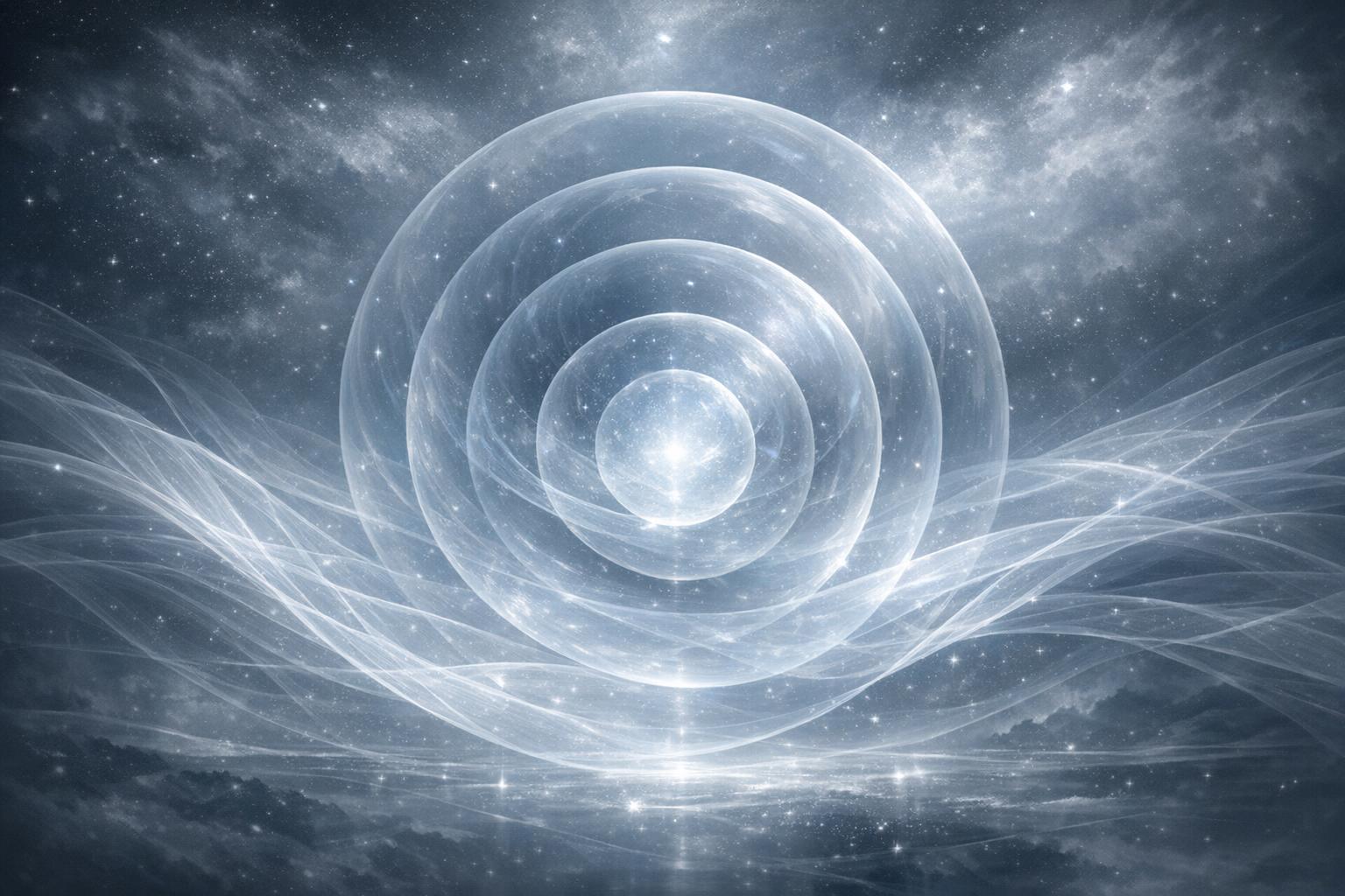 Abstract cosmic scene with translucent spheres and flowing waves symbolizing complexity and the concept of mind in motion