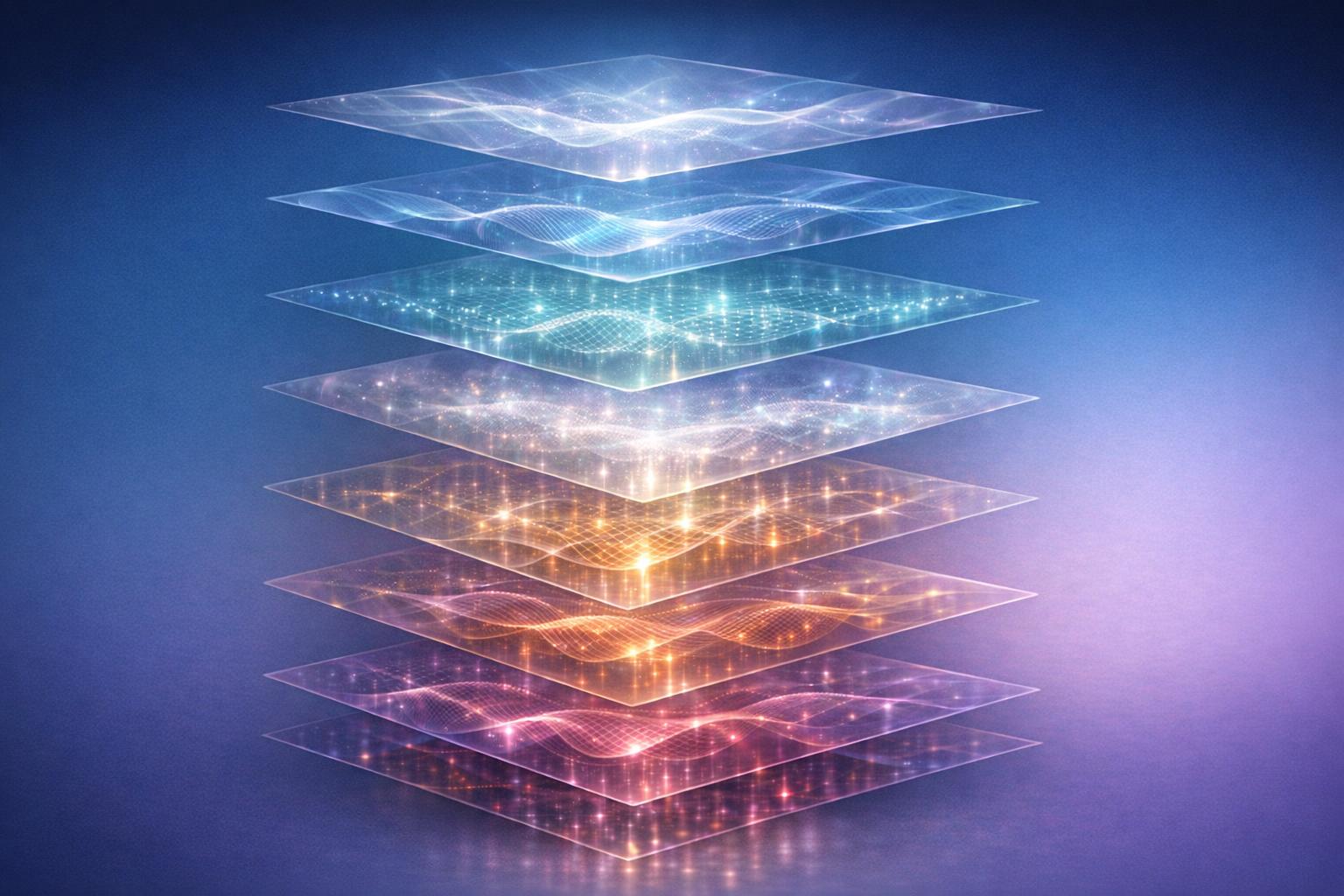 Layered translucent planes with shifting light patterns symbolizing different vibrational states of multidimensional existence.
