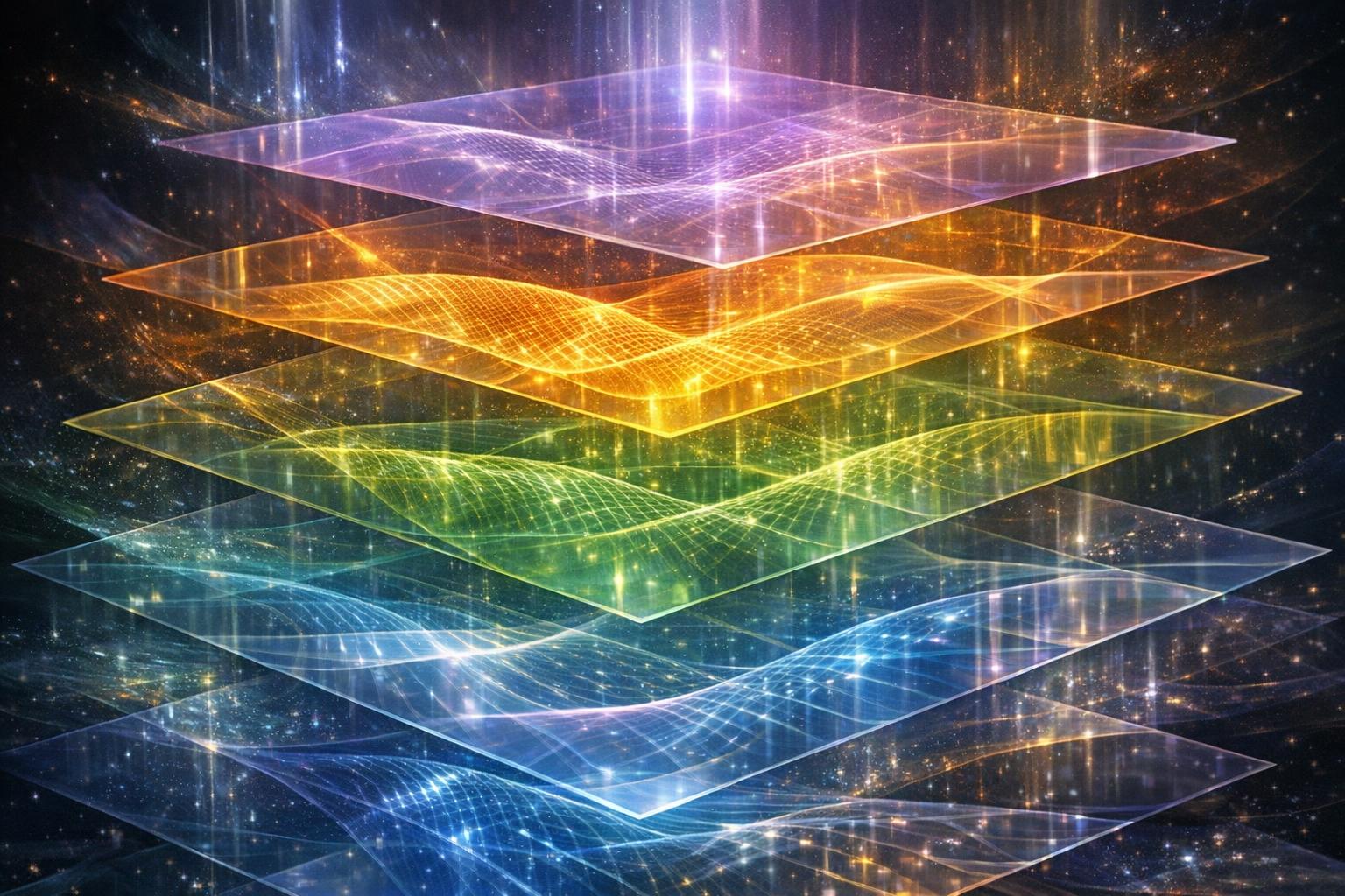 Two overlapping spheres with a silver thread connecting them, symbolizing the physical and etheric planes and their connection.
