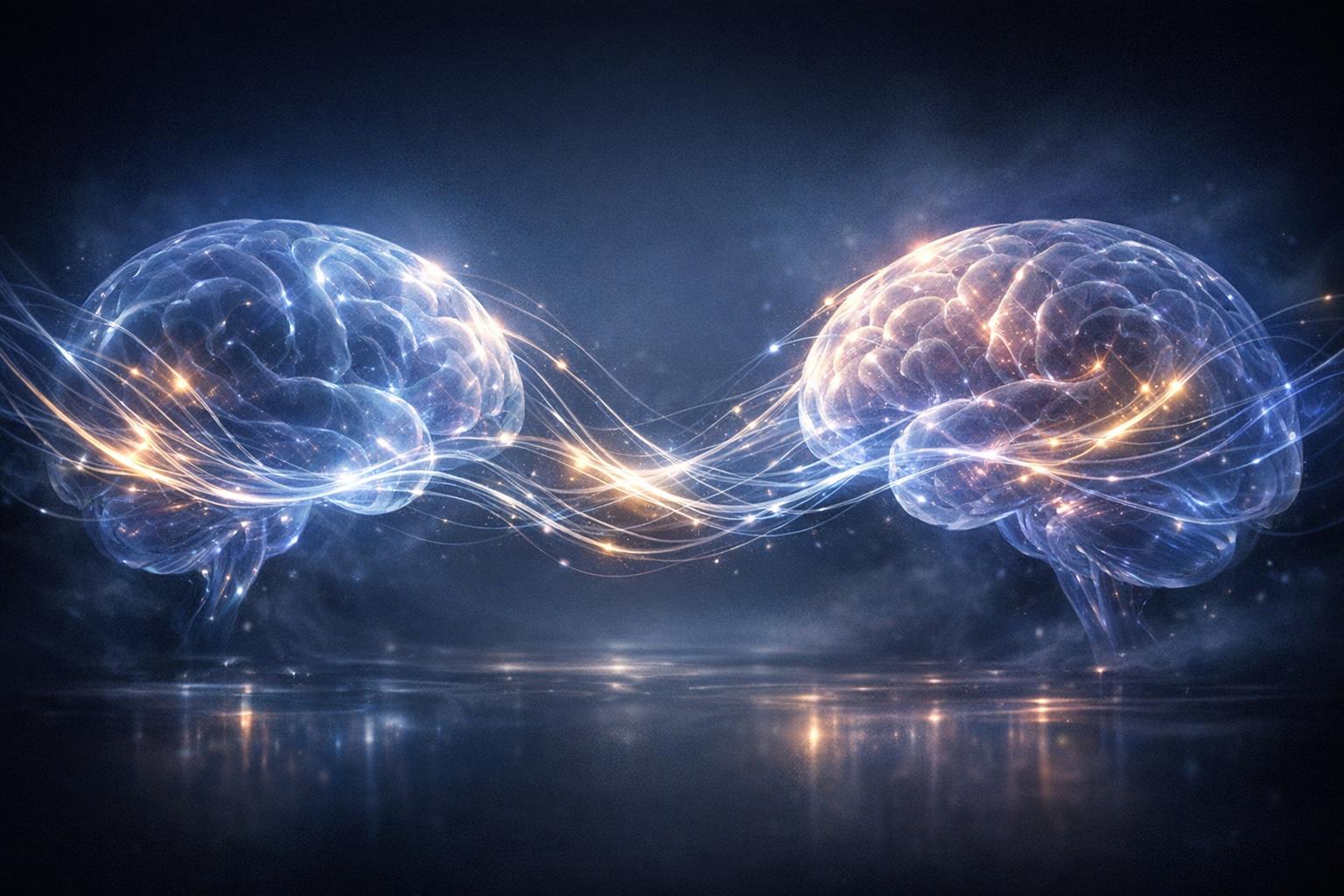Two luminous, interconnected brain forms linked by gentle light streams symbolizing telepathic communication and deep mental connection.