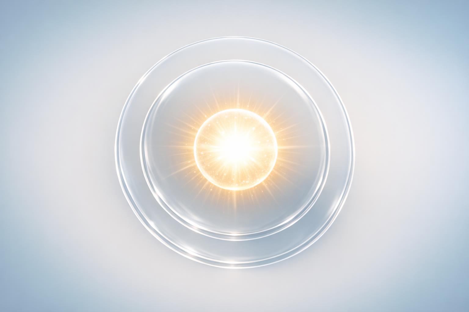 Two reflective spheres connected by a faint warm light bridge, representing spiritual connection, trust, and intimacy in telepathic communication.