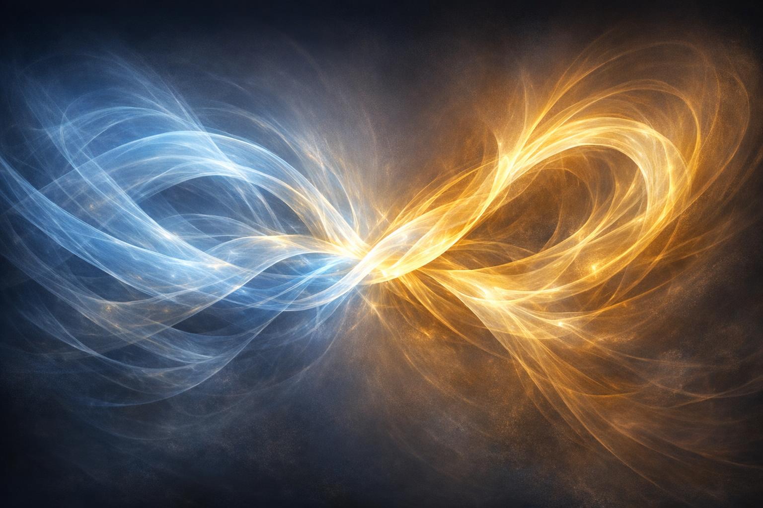 Abstract visualization of intertwined light streams in blue and gold representing the unity of mind and spirit in a calm and contemplative style  
