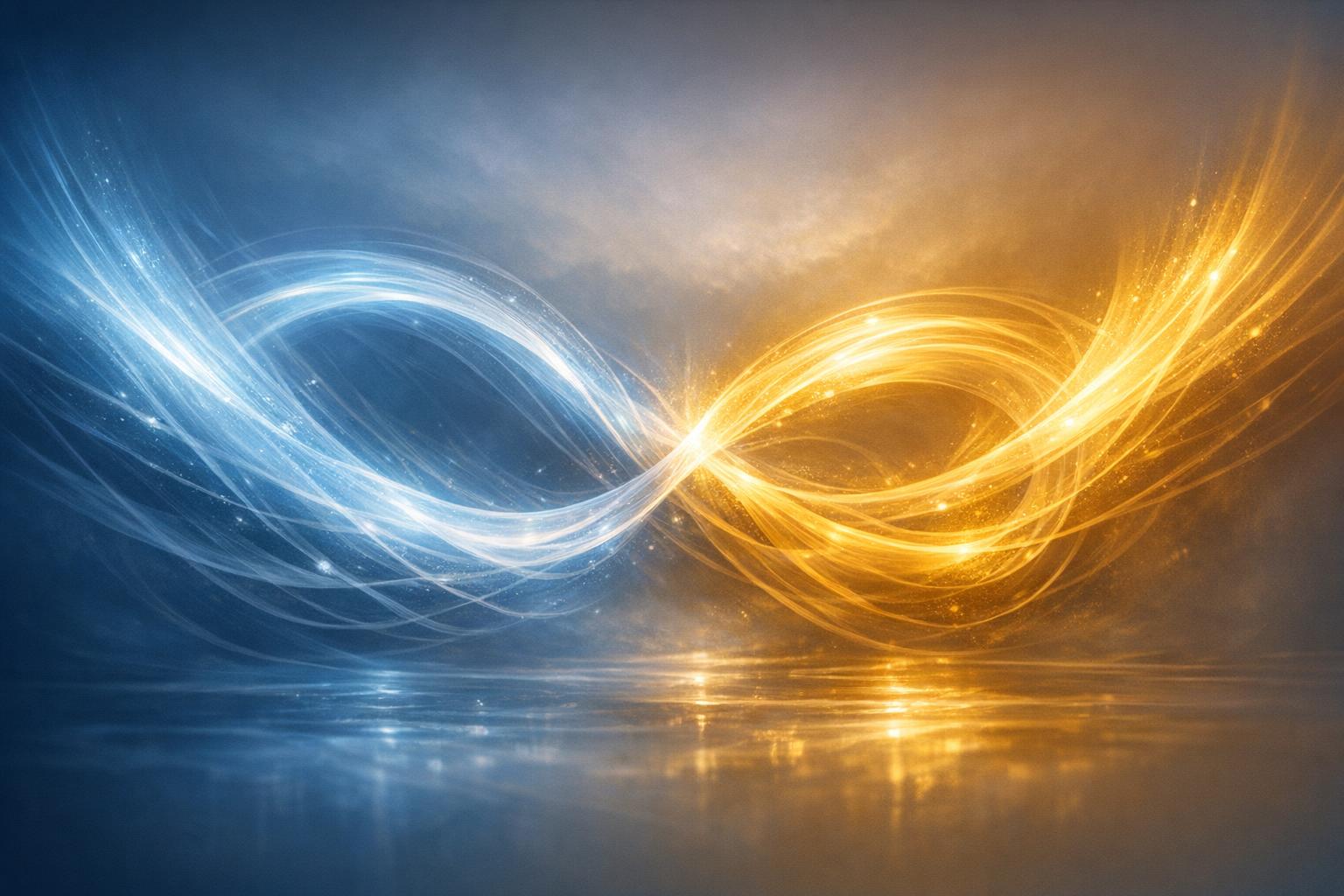 Abstract layered planes and glowing core symbolizing the relationship between higher and lower mind and universal intelligence in a calm architectural form  
