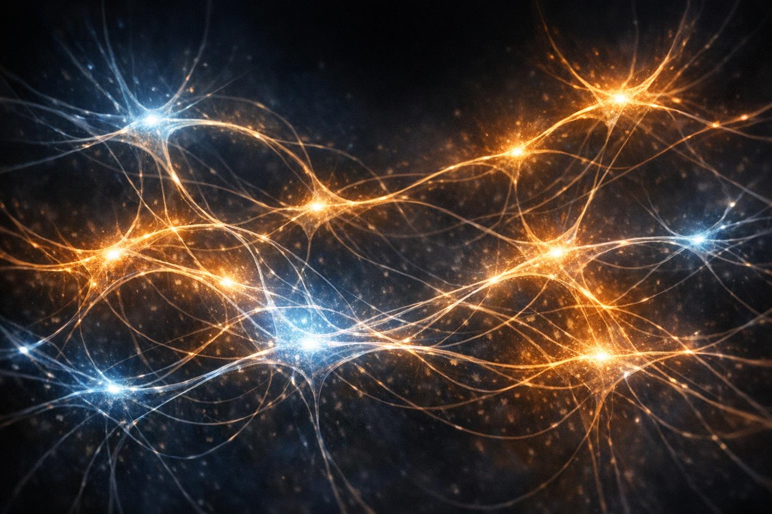 Abstract glowing neural network representing the seamless connection between thought and knowledge in a contemplative setting
