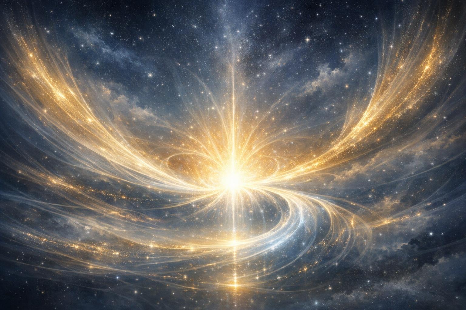 Abstract cosmic energy flows converging into a glowing center, representing the unity of consciousness as the essence of gravity.