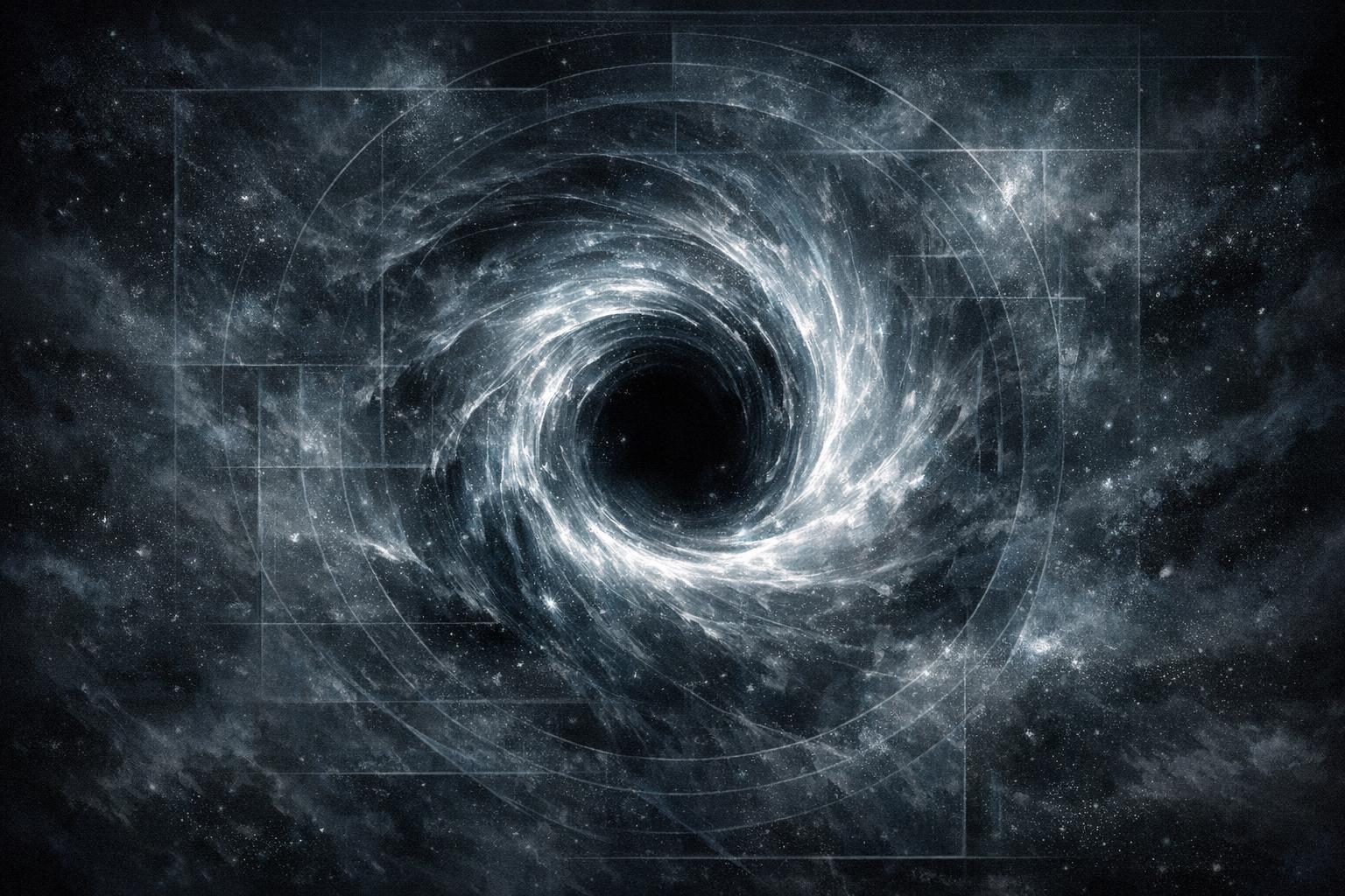 Abstract cosmic vortex representing a black hole as a gateway between planes of reality with layered geometric space