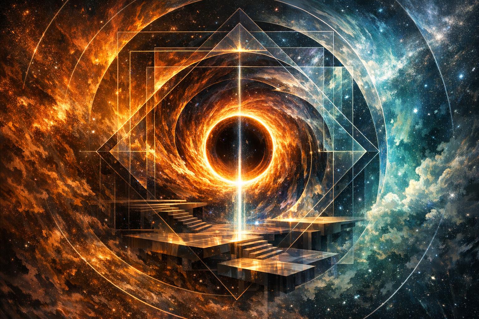 Layered translucent planes illustrating the transformation of physical matter into etheric thought waves across dimensions