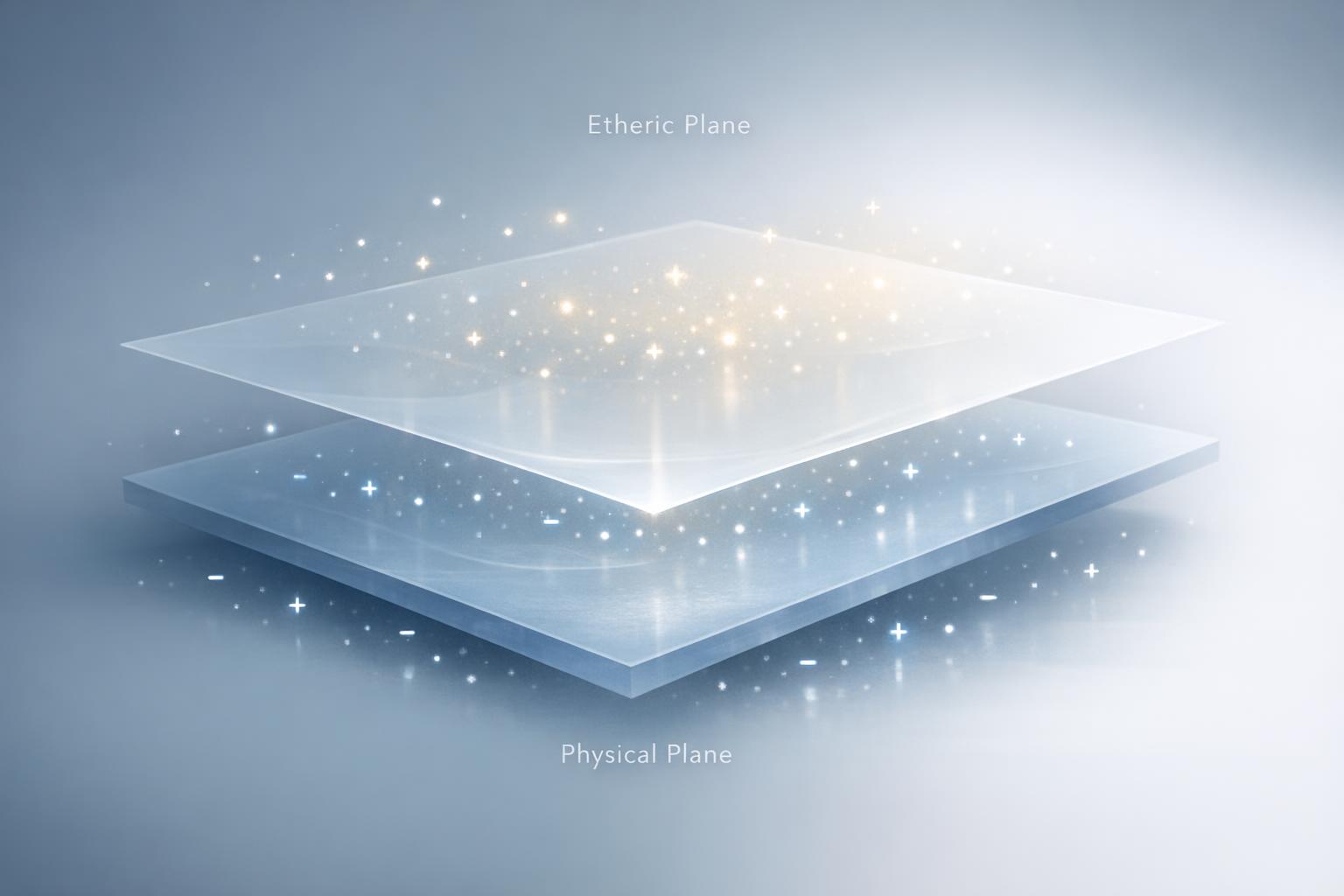 Abstract overlapping translucent layers symbolizing the physical and etheric planes with glowing particles of opposing charges, representing matter and antimatter in balance.