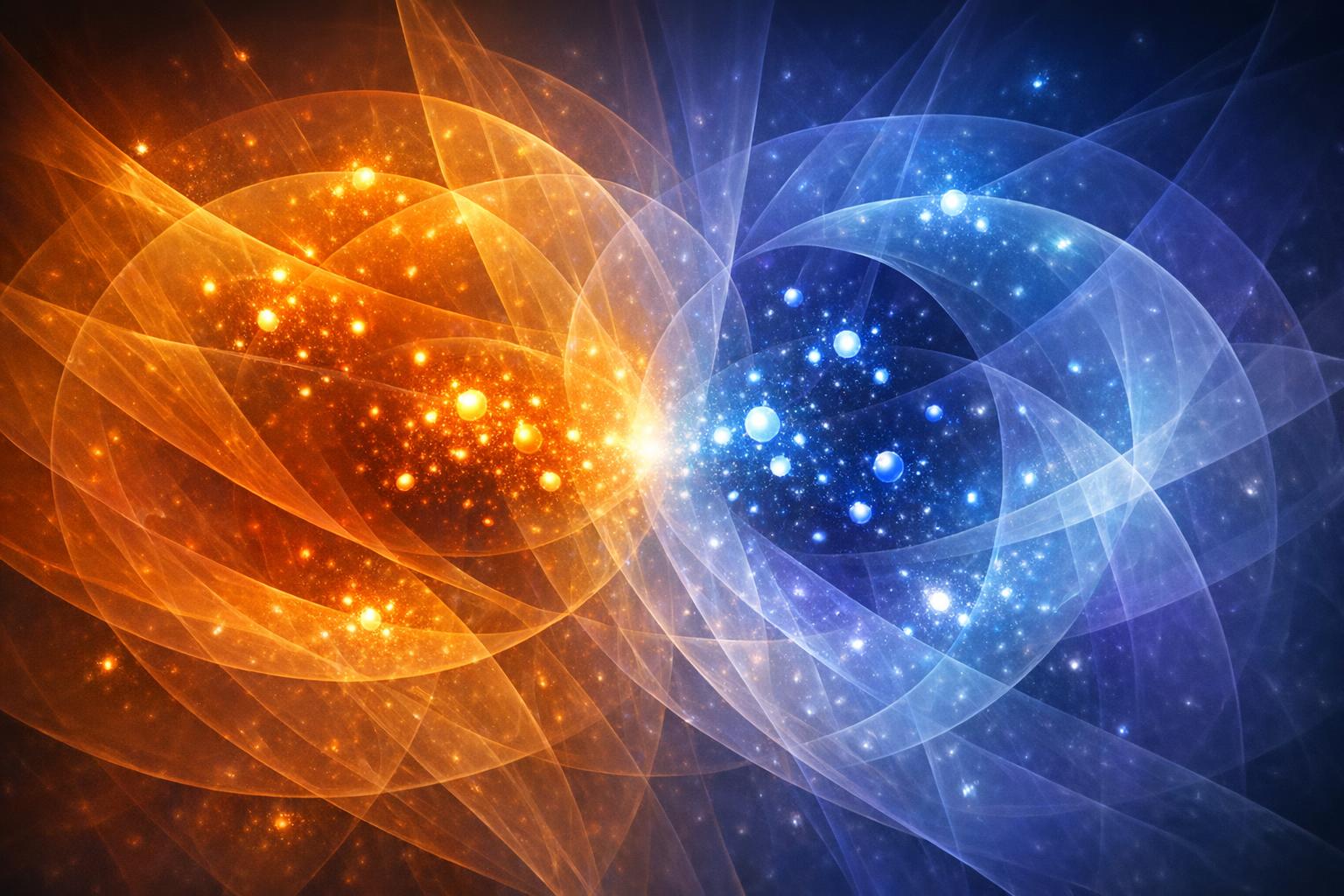 Luminous waves and photon-like particles interweaving between two parallel planes, representing light as the connecting bridge between physical and etheric realities.