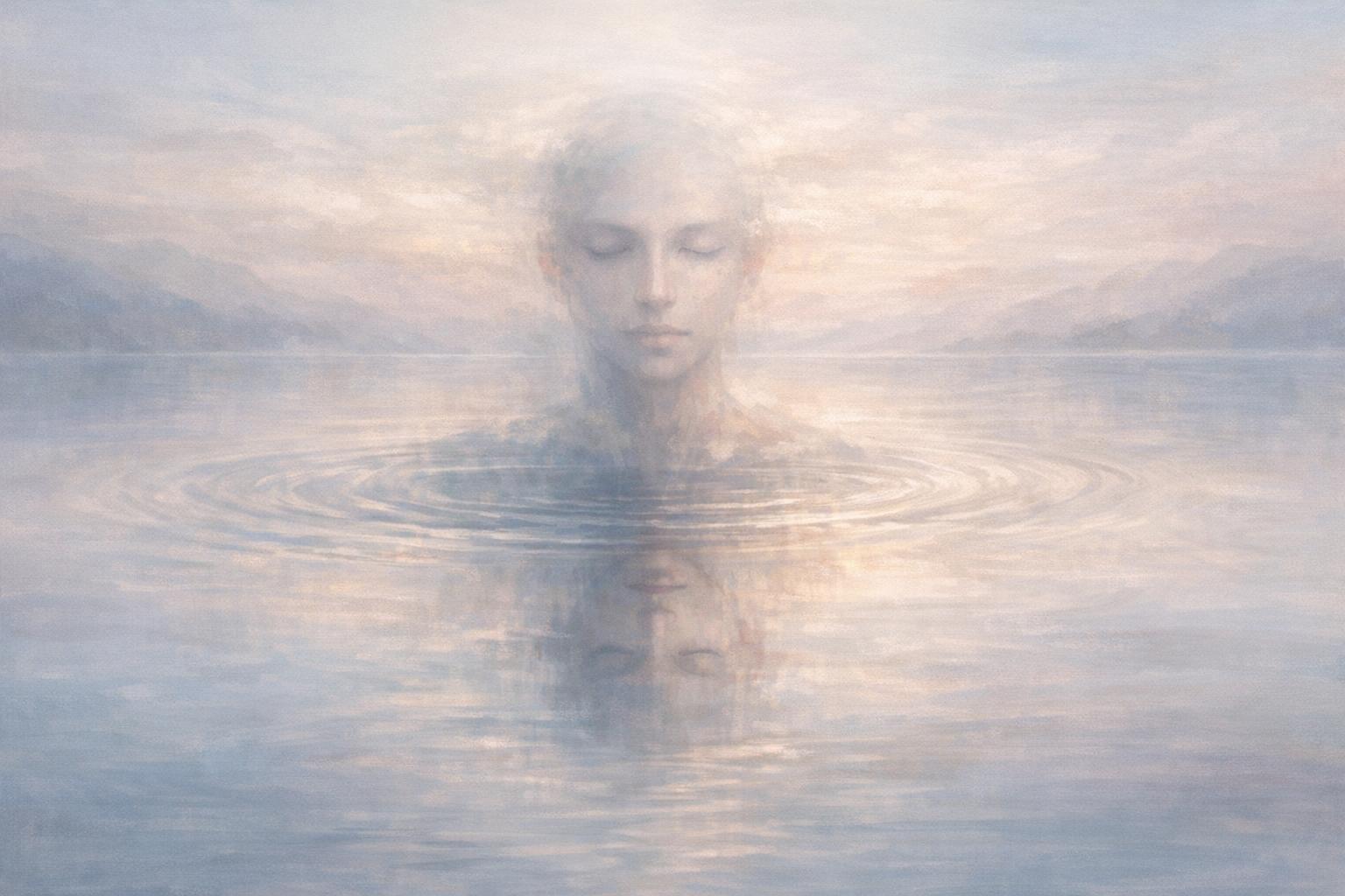 Abstract image of a serene lake reflecting a subtle, blurred self-shape symbolizing the creation of one’s own reality through inner beliefs and perceptions.
