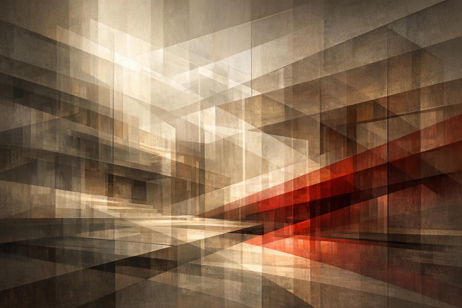 An abstract architectural composition of translucent overlapping planes illuminated by soft light, symbolizing the emergence of a new reality replacing an old one.