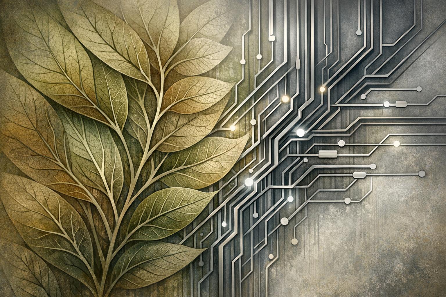 A harmonious fusion of natural leaf textures and metallic circuits representing the integration of nature and technology.
