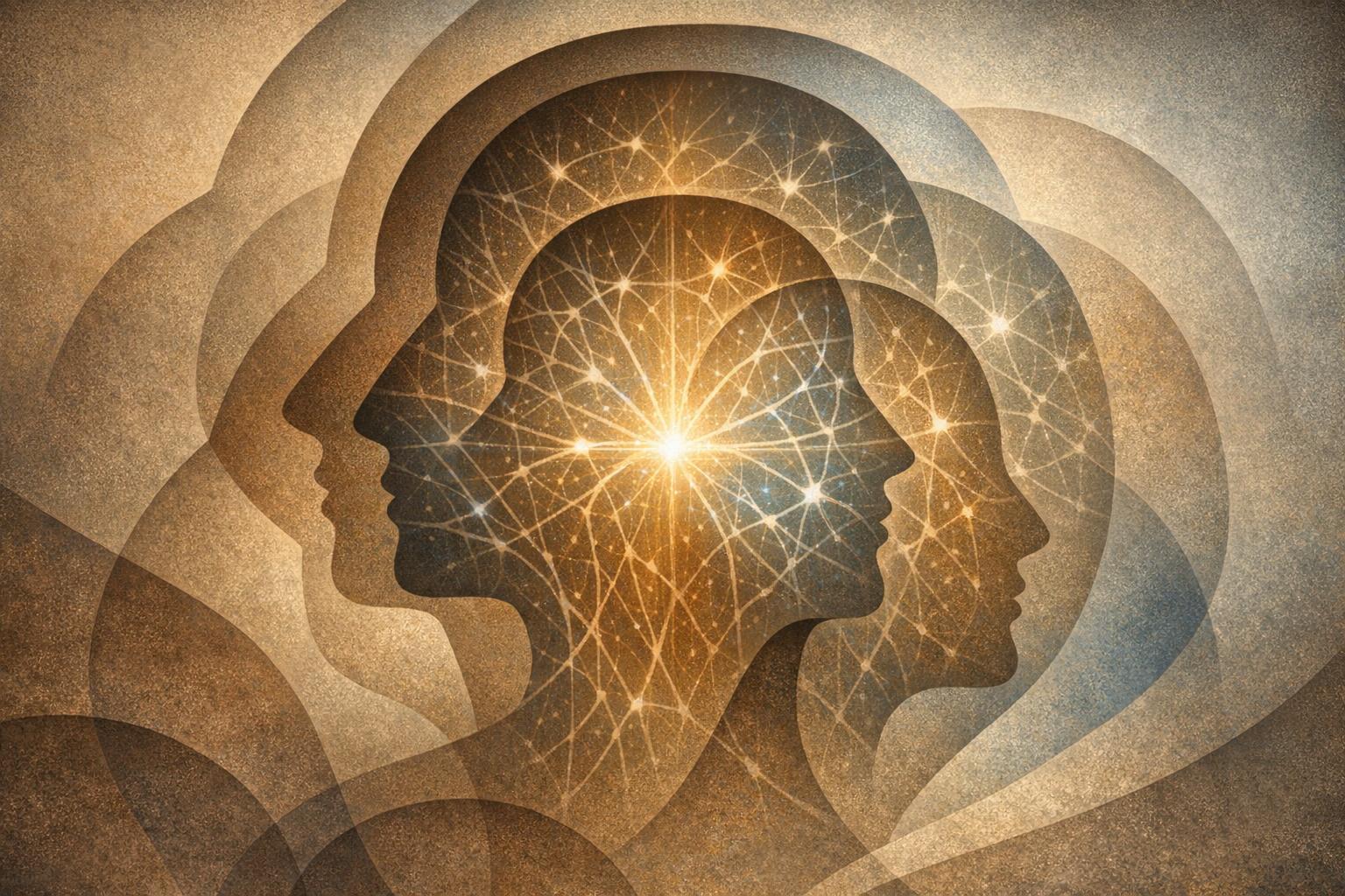 Abstract representation of intertwined human minds with neural patterns symbolizing deep conversation and self-discovery