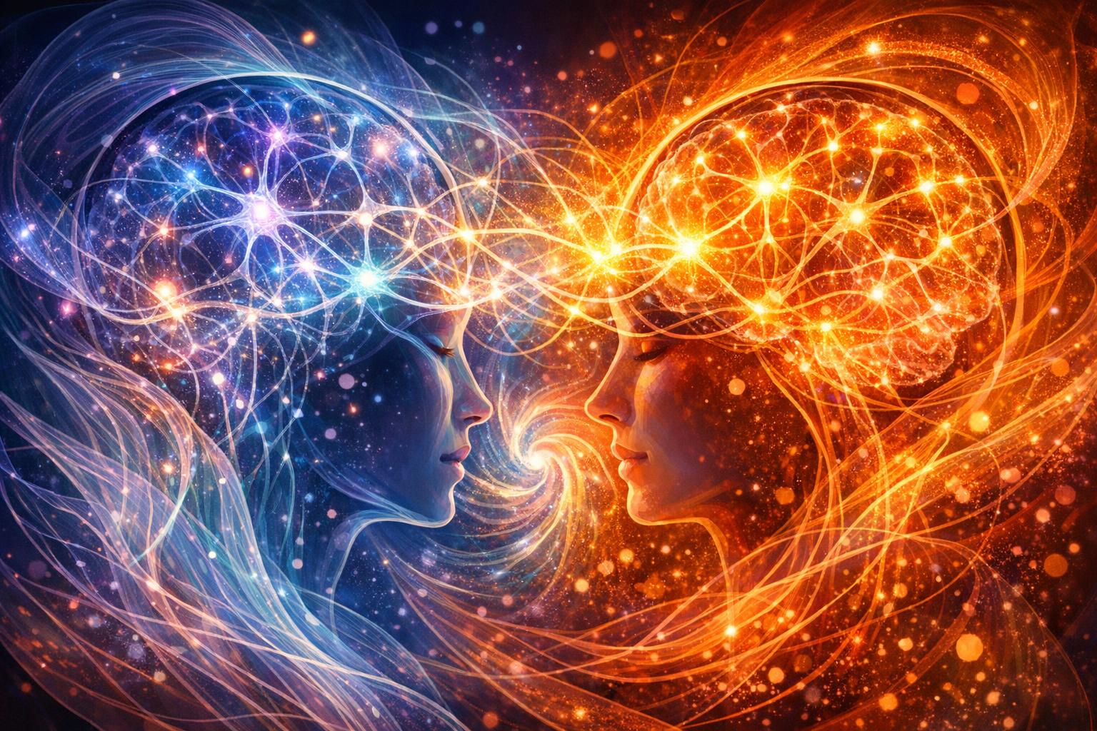 Architectural abstract of two open doorways connected by a lighted bridge symbolizing relationship and communication