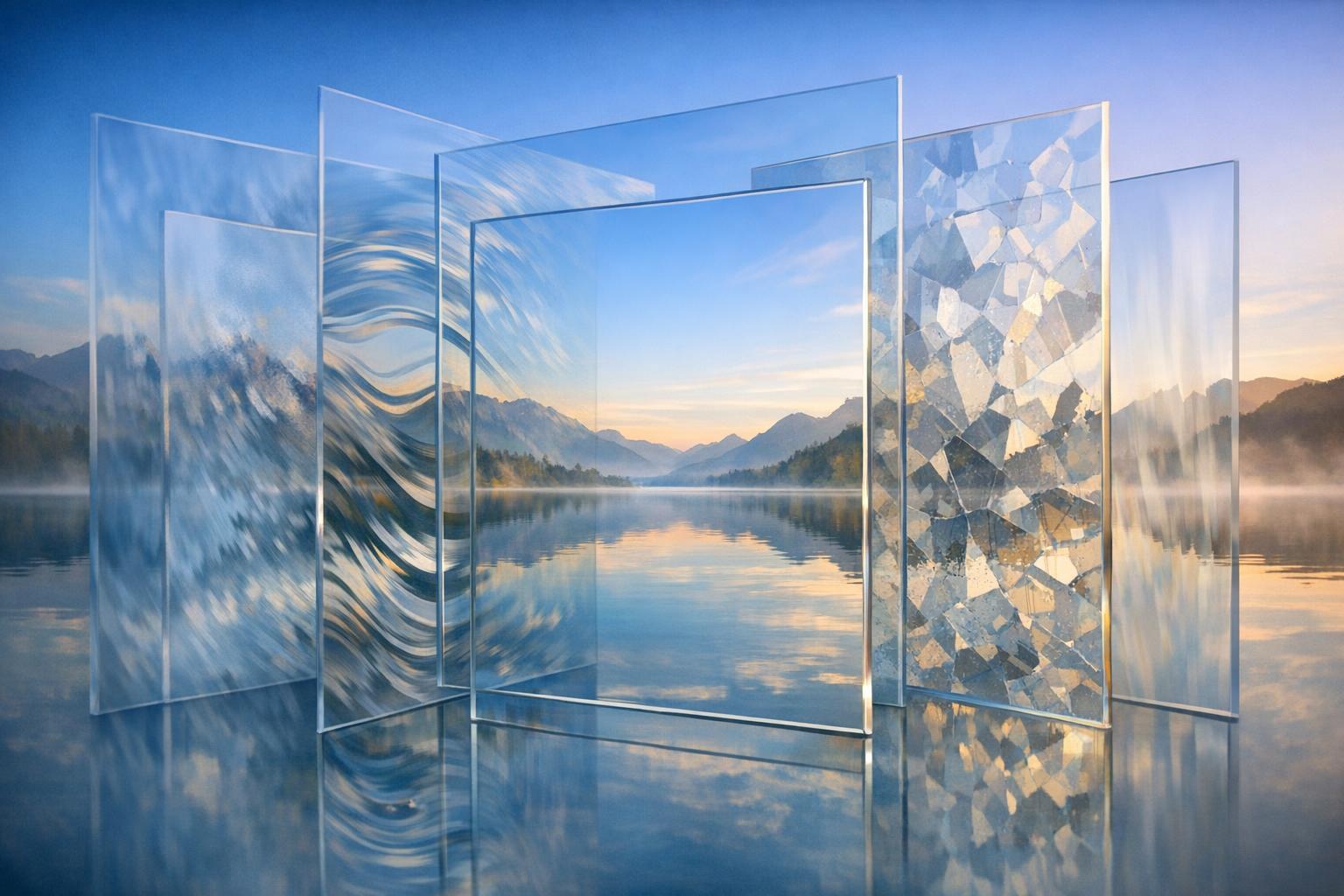 Layered translucent panes with distortions overlaying a tranquil natural scene, representing filtered perception and the journey toward clear understanding.
