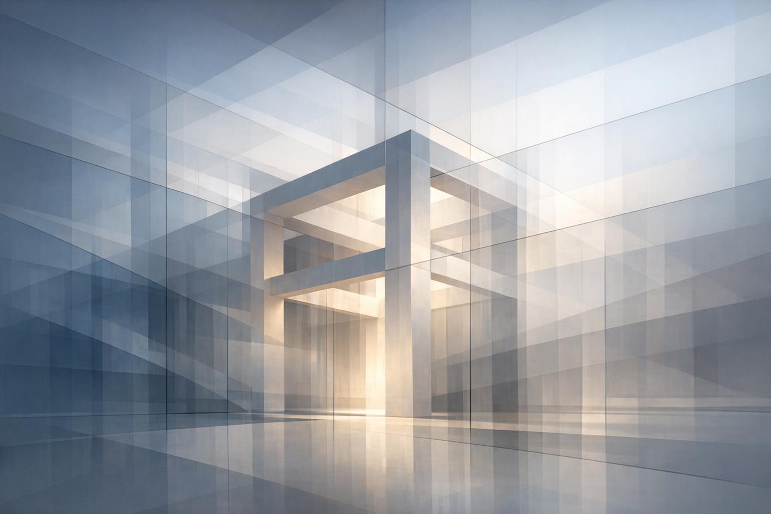 Abstract transparent planes converging into a strong central frame symbolizing control and perspectives in interaction
