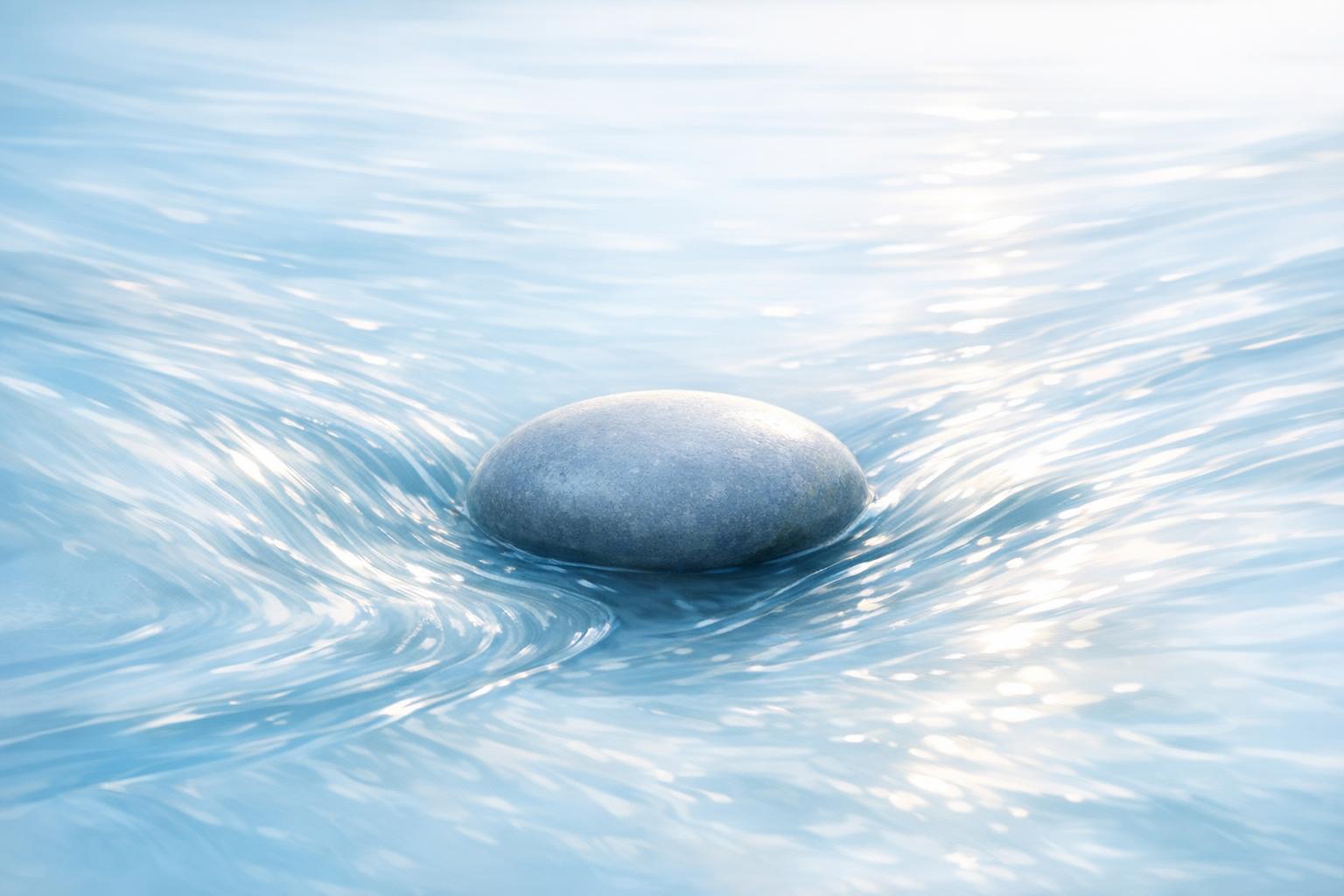 Abstract rendering of flowing water around a central stone, symbolizing detachment and spiritual flow.
