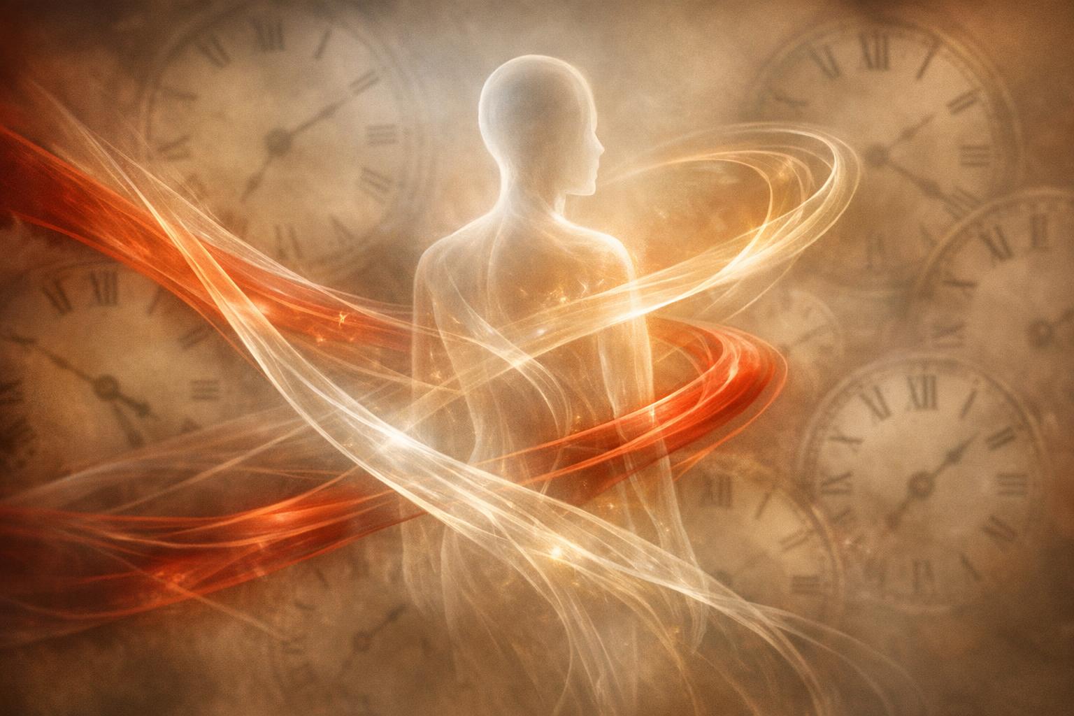 Abstract image depicting human spirit transcending linear time through ribbons of light and fading clock faces.
