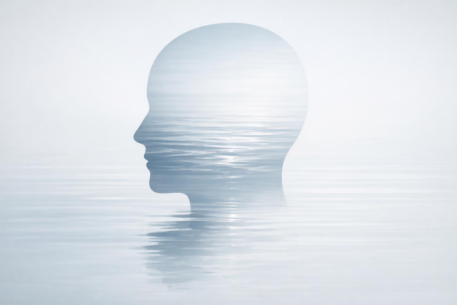 Calm water surface merging with an abstract inner silhouette symbolizing self-awareness and emotional authenticity
