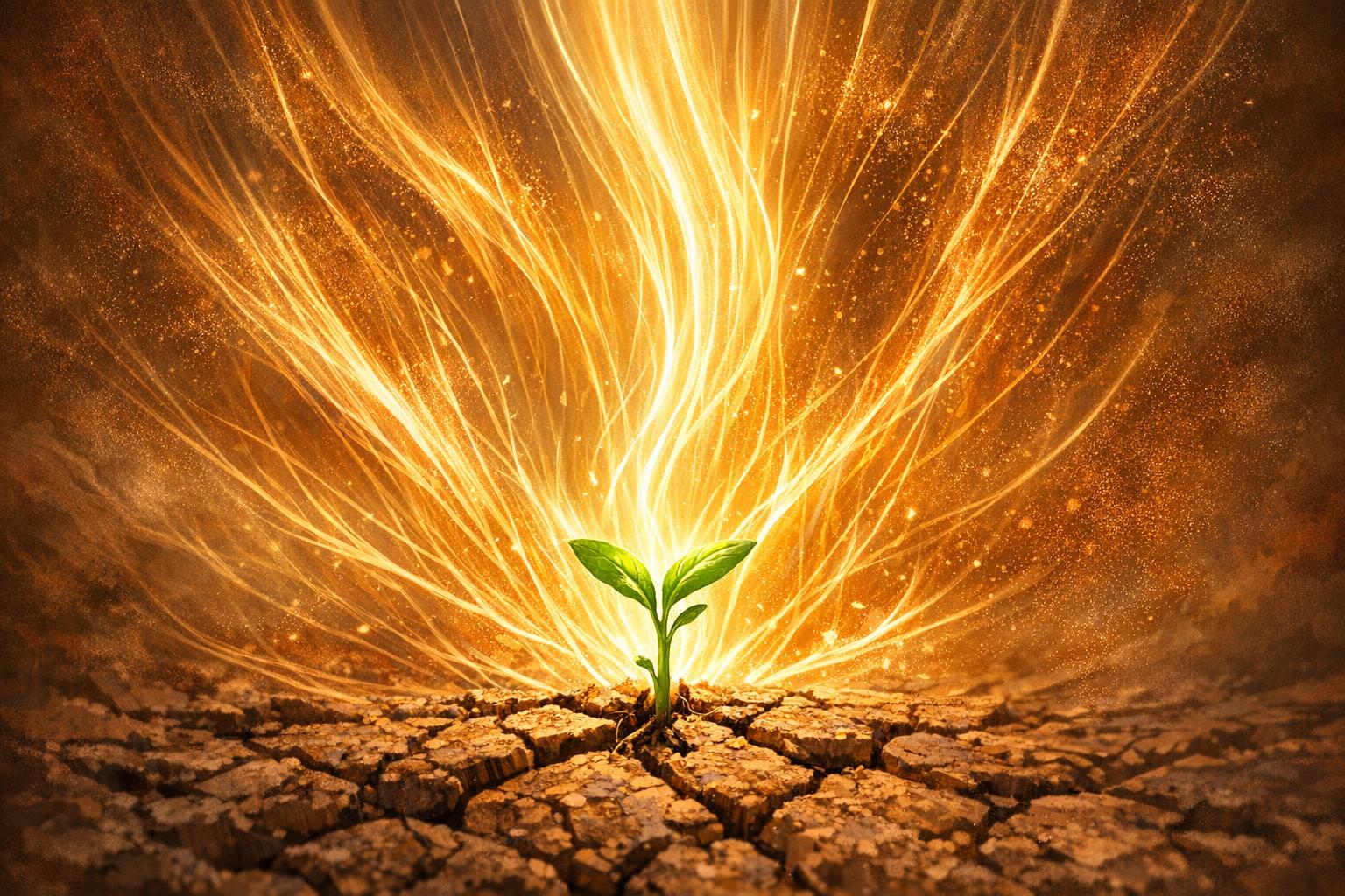 Symbolic illustration of a seedling pushing through earth with radiant energy lines expressing a powerful spiritual impulse of creation and growth.
