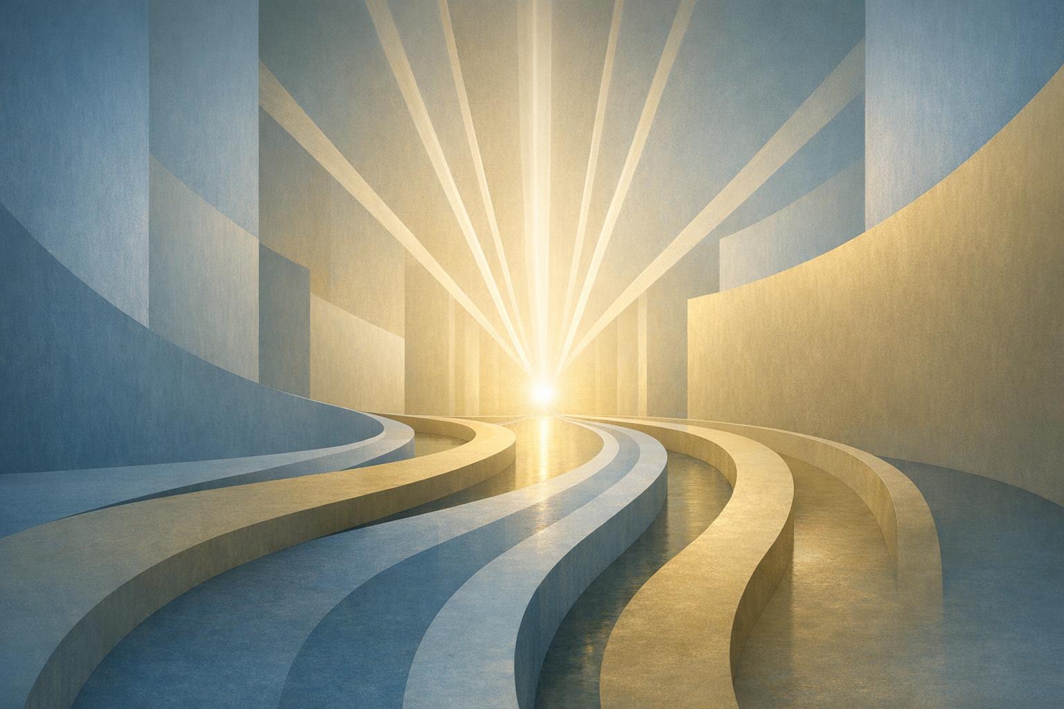 Abstract ascending steps with balanced light and shadow, representing progression through knowledge, intuition, and action to fulfill spiritual purpose.