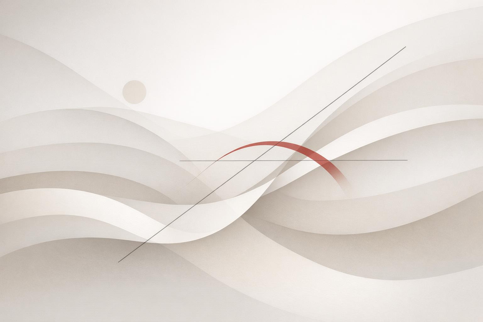 Abstract smooth curves and geometric lines symbolizing gentle efficiency and minimal tension in soft neutral tones with muted red accents.
