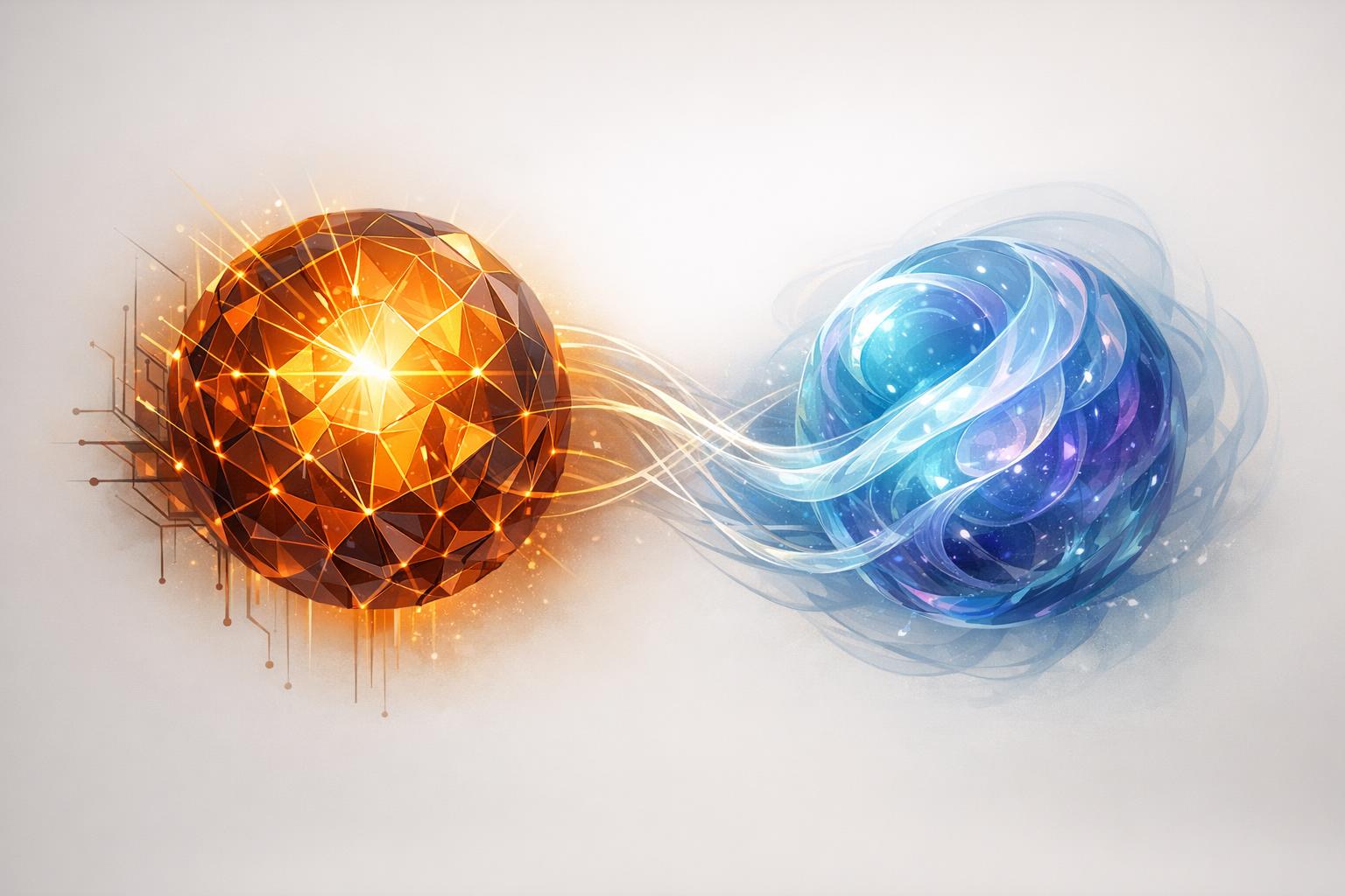 Two stylized, interconnected spheres symbolizing the conscious masculine mind and subconscious feminine mind in harmonious interaction
