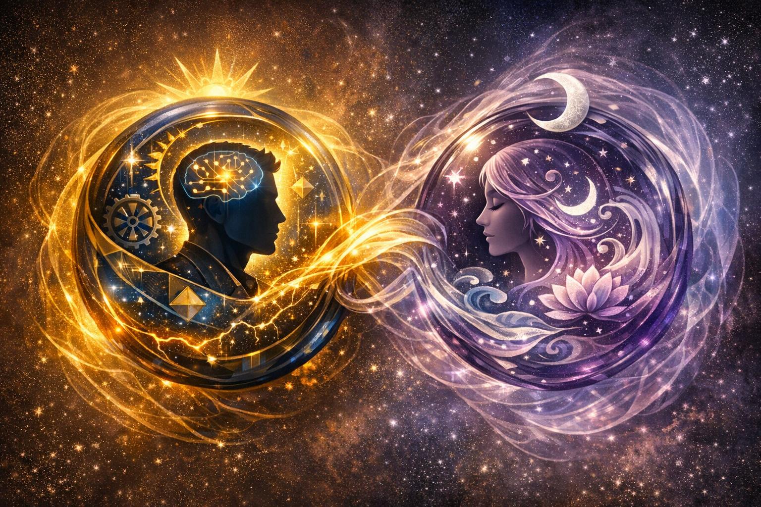 Abstract architectural shapes symbolizing complementary masculine and feminine mental gender roles in harmonious balance
