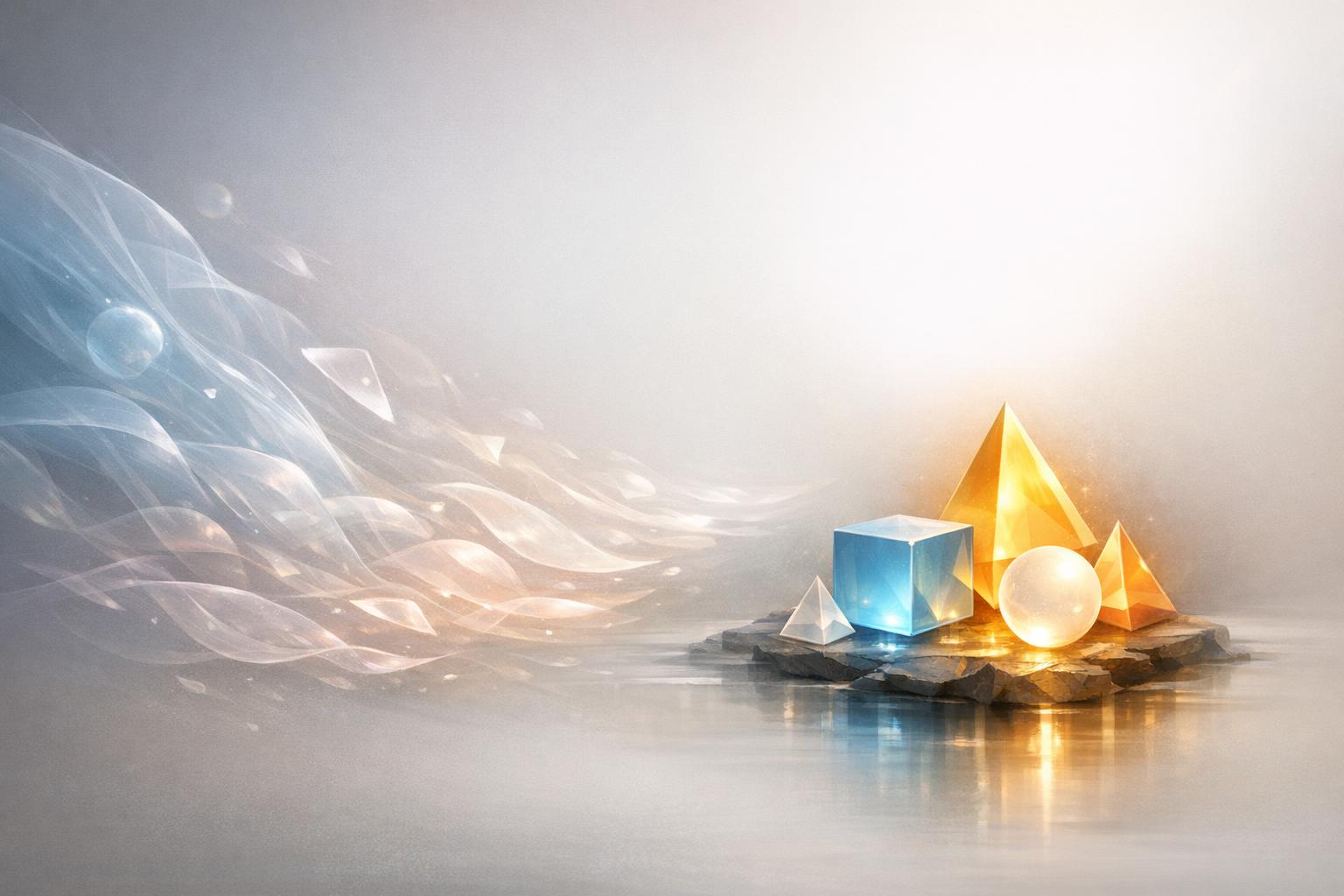 Abstract illustration depicting fleeting thoughts as delicate shapes and firmly rooted beliefs as glowing geometric forms within a serene mental landscape.