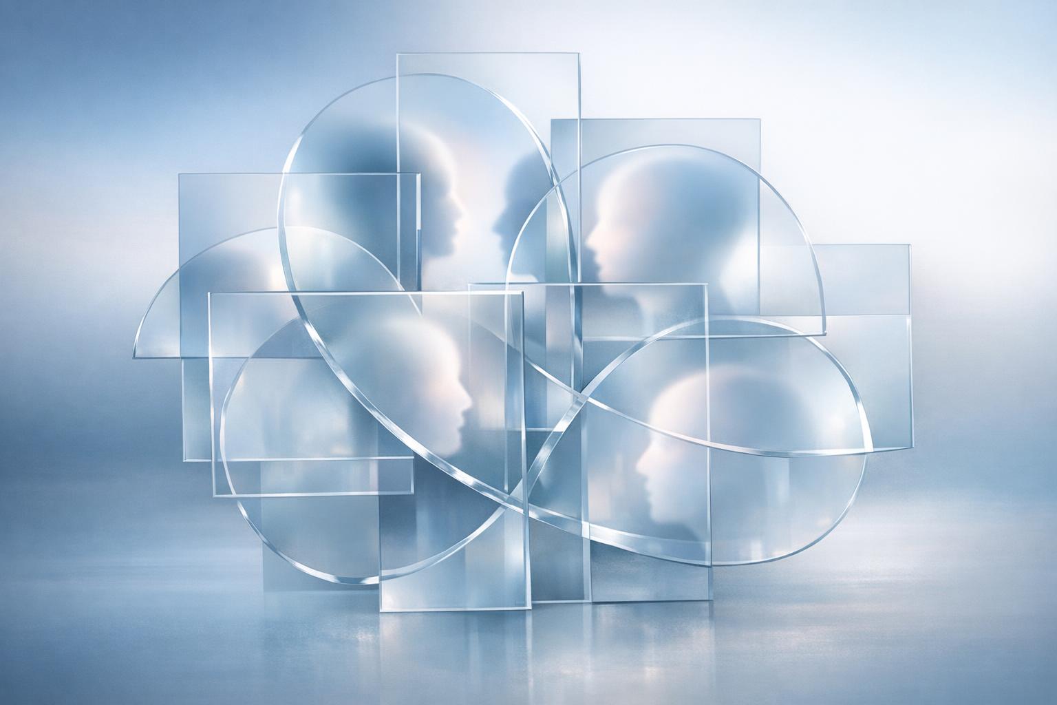 Interconnected translucent mirrors symbolizing shared realities and the cooperative nature of minds reflecting each other
