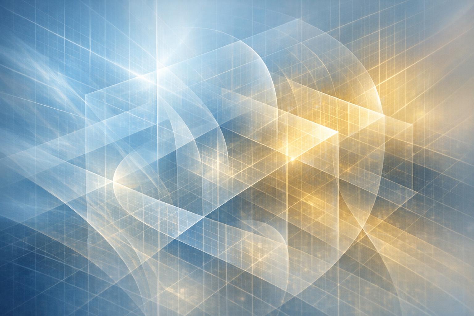 Translucent abstract geometric layers and light rays representing the mental matrix underlying physical reality.