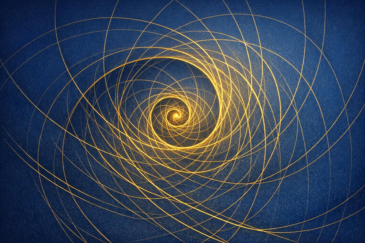 Abstract golden threads spiraling on a deep blue background representing the divine design of destiny.