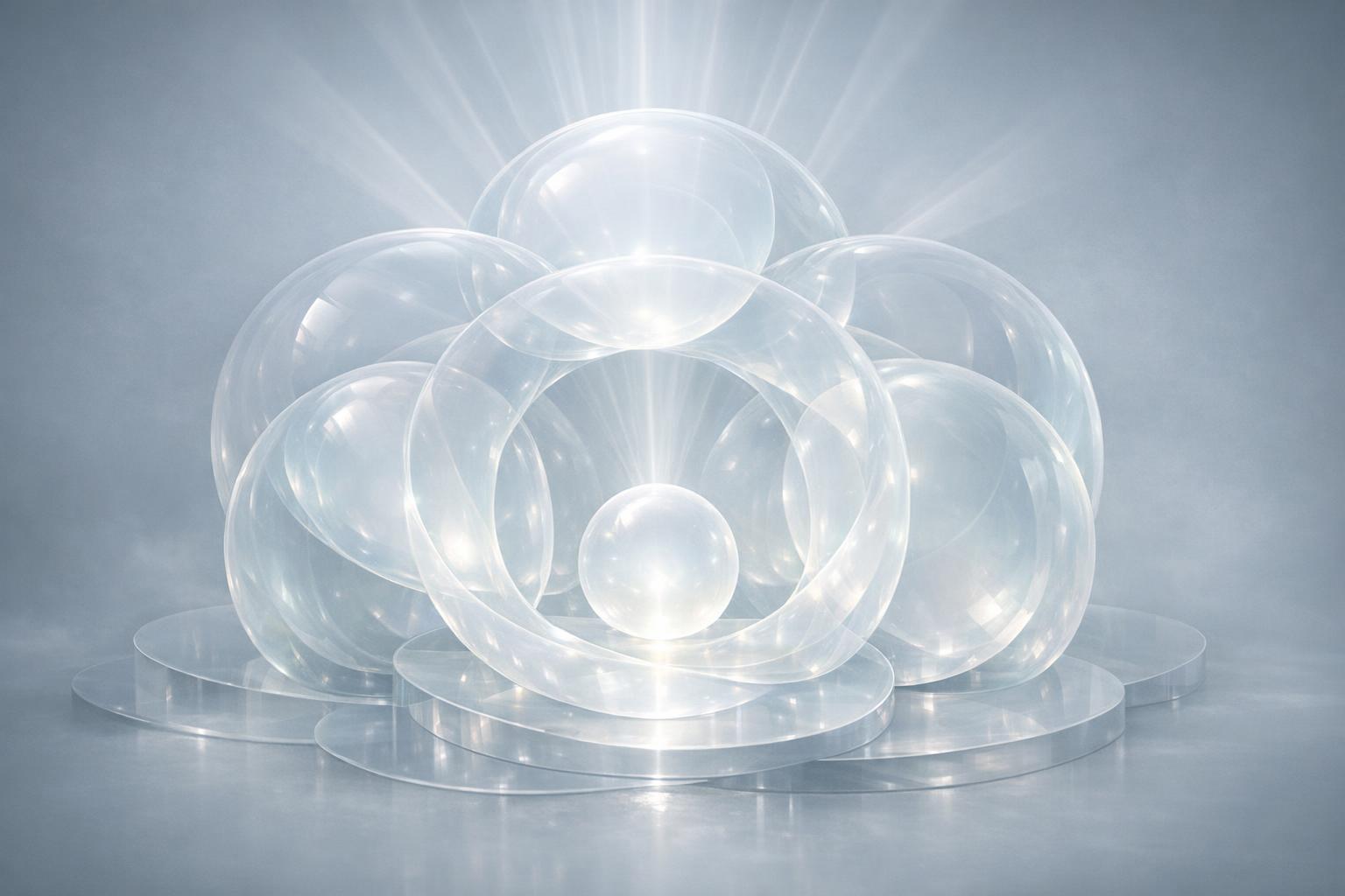 Calm abstract composition of glowing translucent spheres interconnected, representing inner harmony and self-acceptance.  

