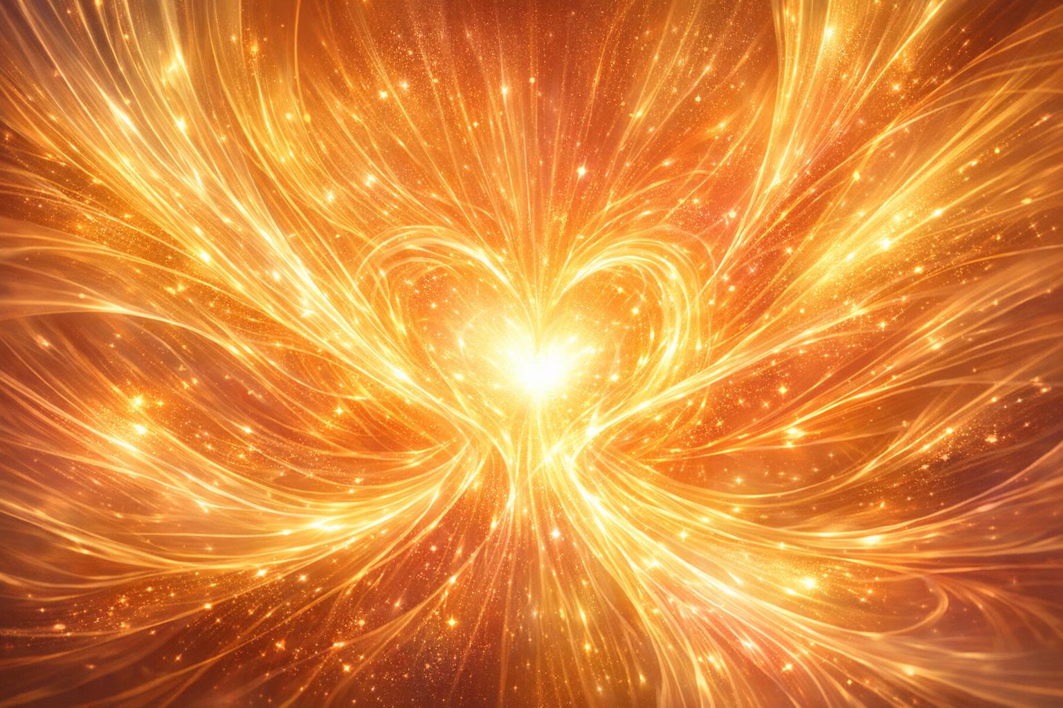 Abstract representation of flowing energy streams merging into a radiant center, symbolizing love as a continuous and dynamic force.
