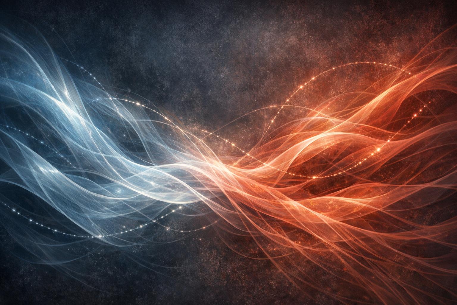Abstract representation of invisible emotional energy waves flowing and intertwining, symbolizing the medium and message in relationships.
