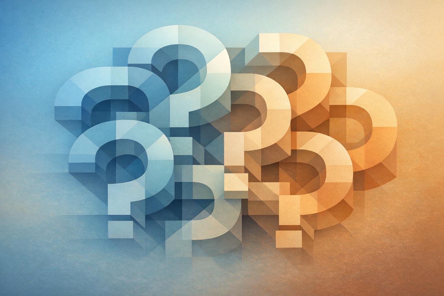 Abstract interconnected question mark shapes blending into a serene blue and earth tone background, representing the formative power of questions.
