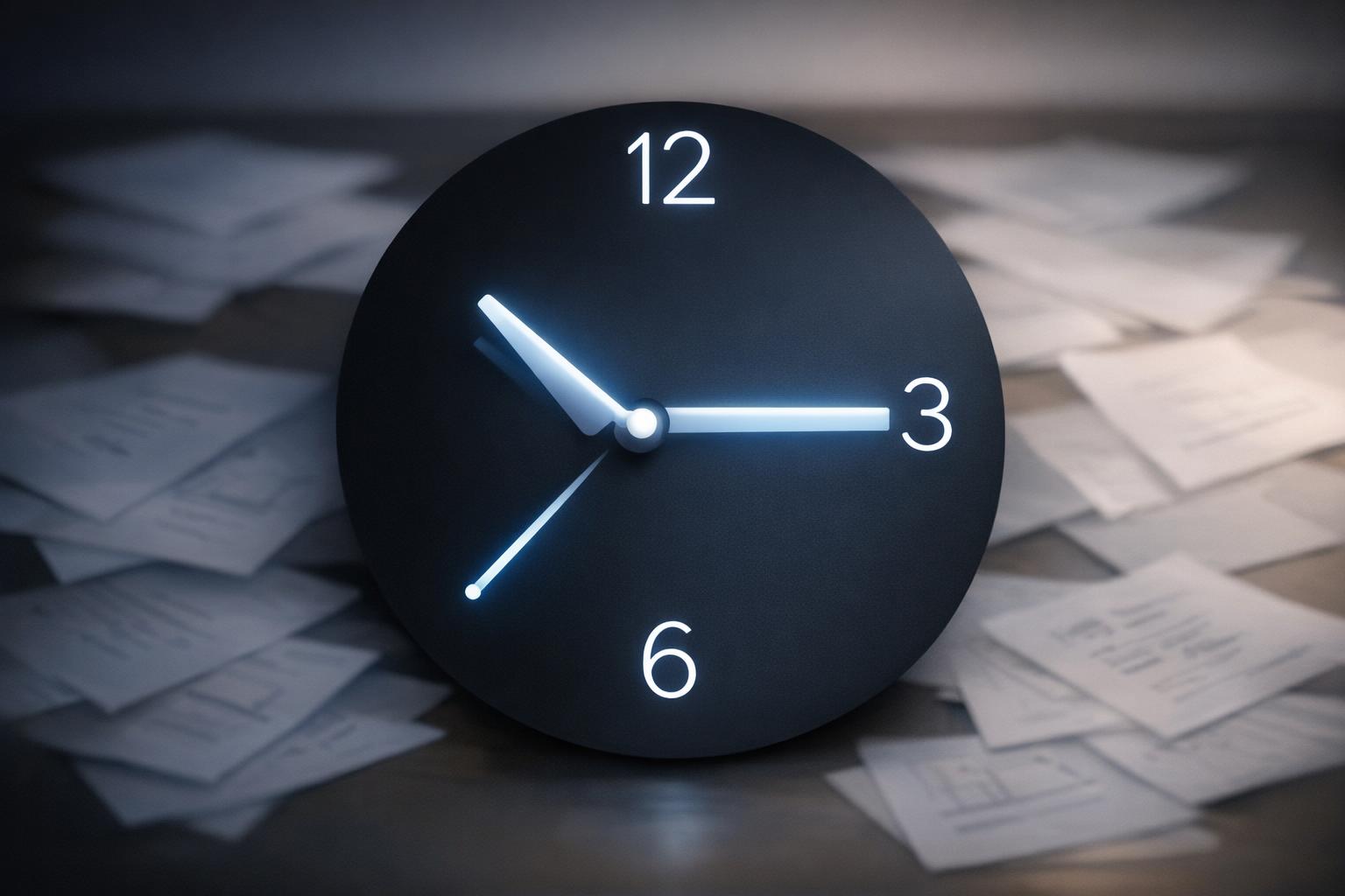 Abstract representation of limited time and unfinished work with a minimalist clock and scattered papers in soft focus.  

