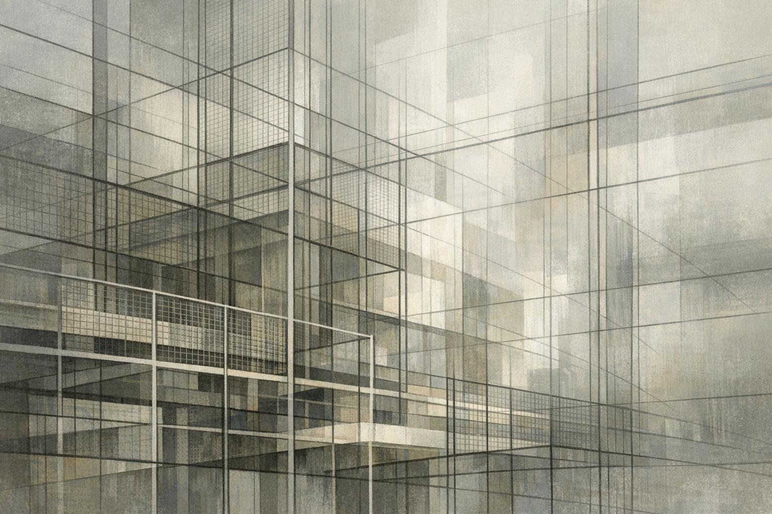 Abstract architectural composition symbolizing societal norms and emotional restraint through intersecting lines and controlled forms