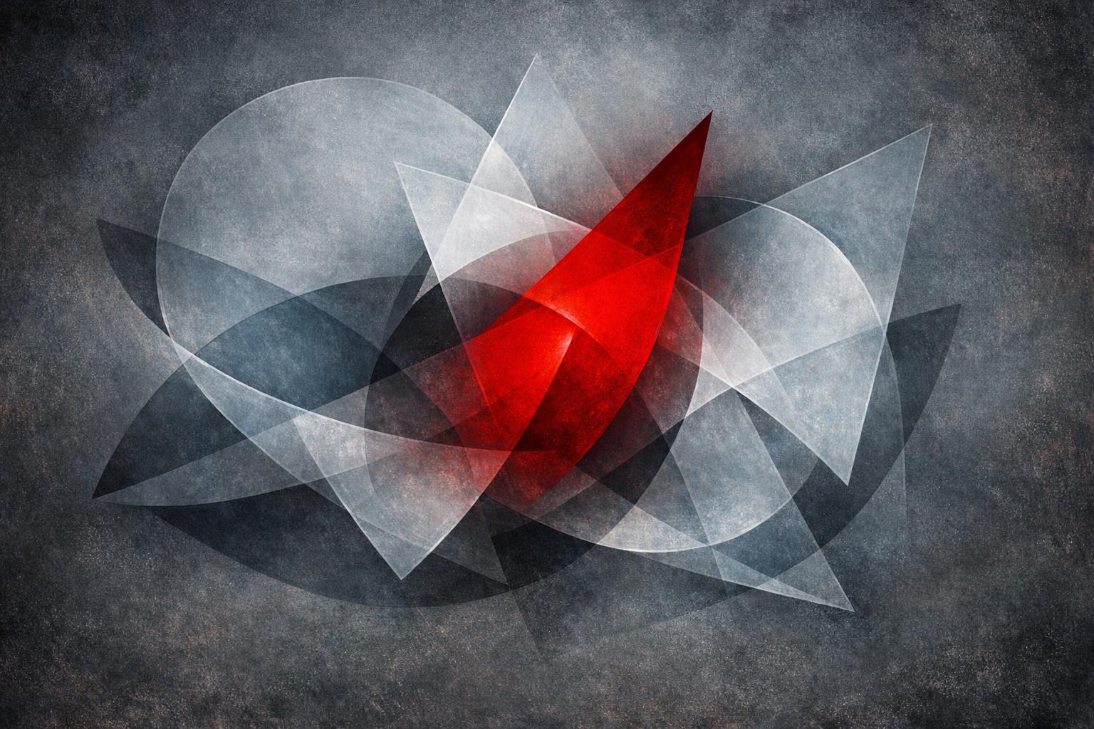 Abstract translucent geometric shapes intersecting, highlighted with crimson accents, symbolizing flexible beliefs and subjective will in chaos magic.