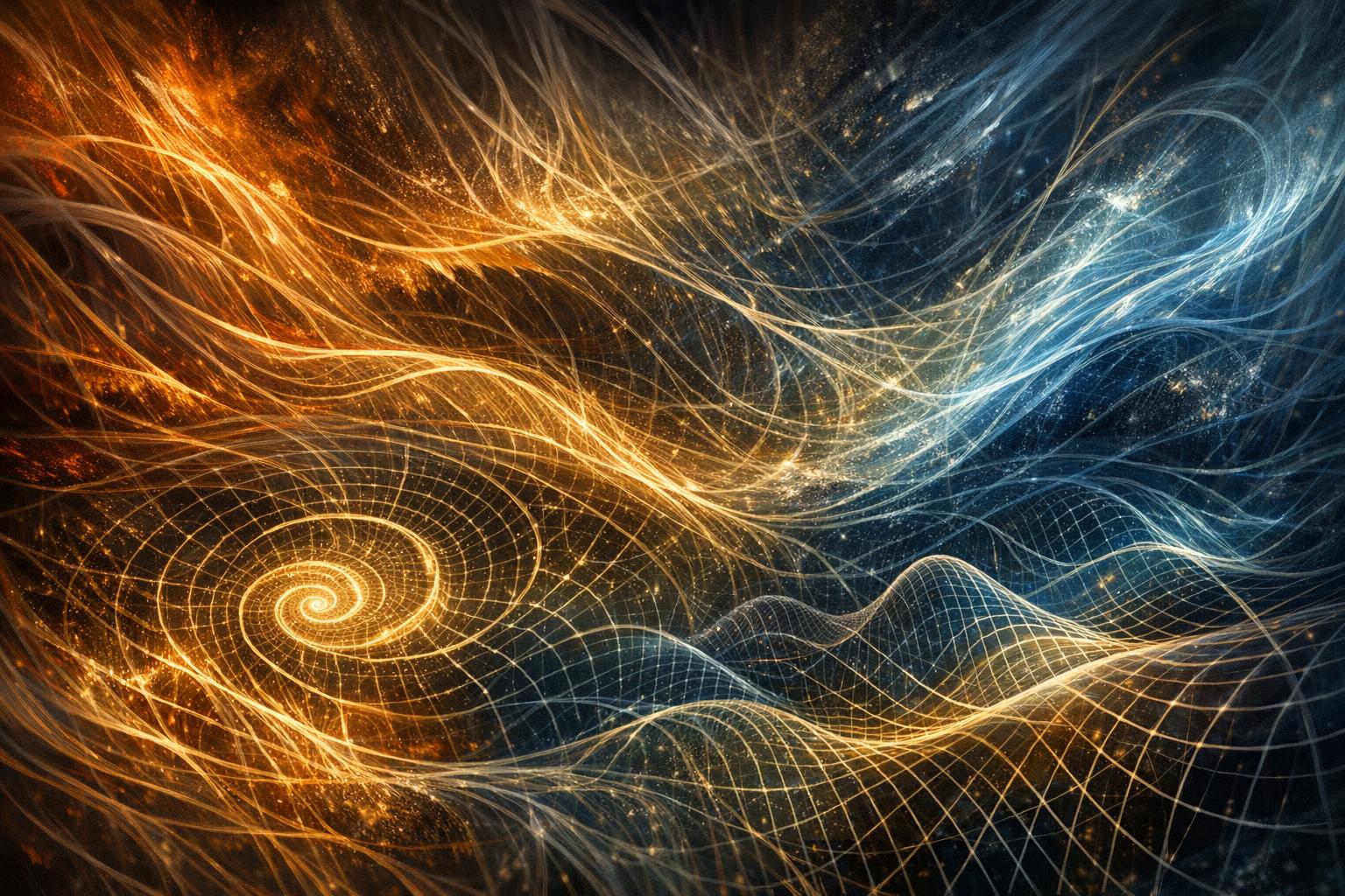 Fractal design showing natural self-similar patterns in tree branches and spiral shapes, symbolizing the ordered complexity of creation  
