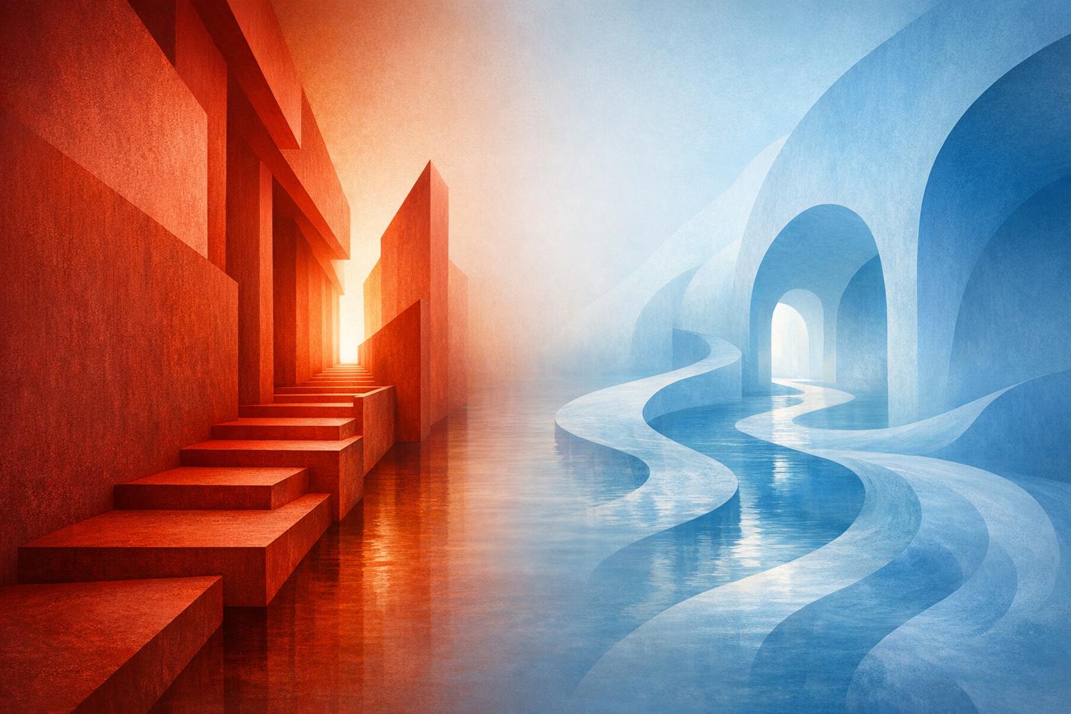 Abstract image of two contrasting pathways in red and blue tones symbolizing the difference between focused intention and humble prayer.
